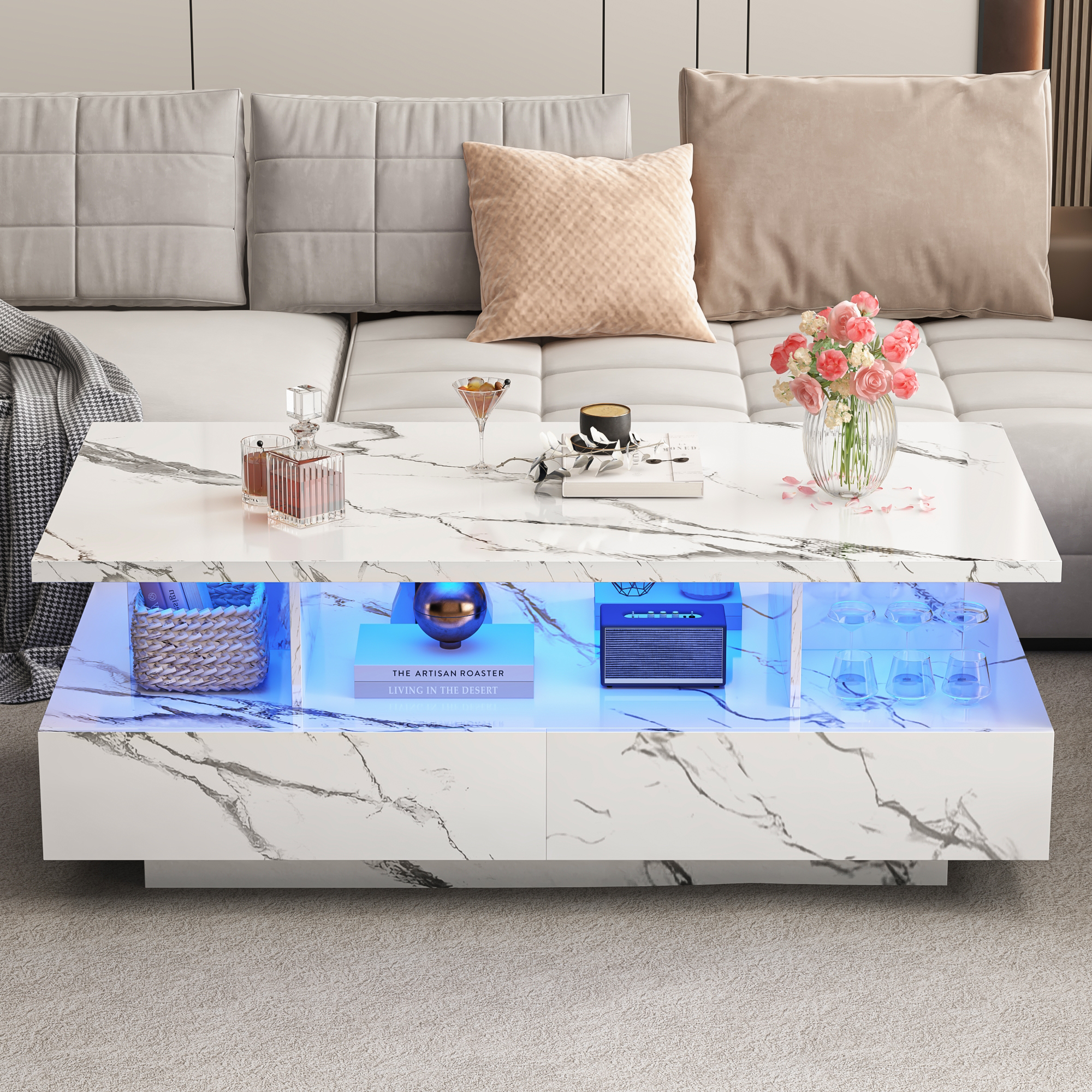Modern LED Coffee Table with Storage, High Gloss Coffee Tables Rectangular Center Table with Open Display Shelf & 2 Sliding Drawers