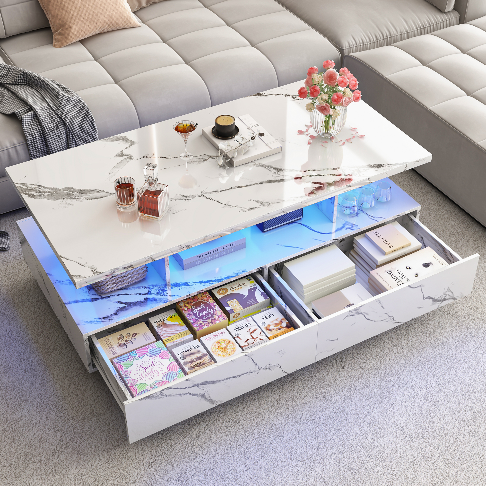 Modern LED Coffee Table with Storage, High Gloss Coffee Tables Rectangular Center Table with Open Display Shelf & 2 Sliding Drawers