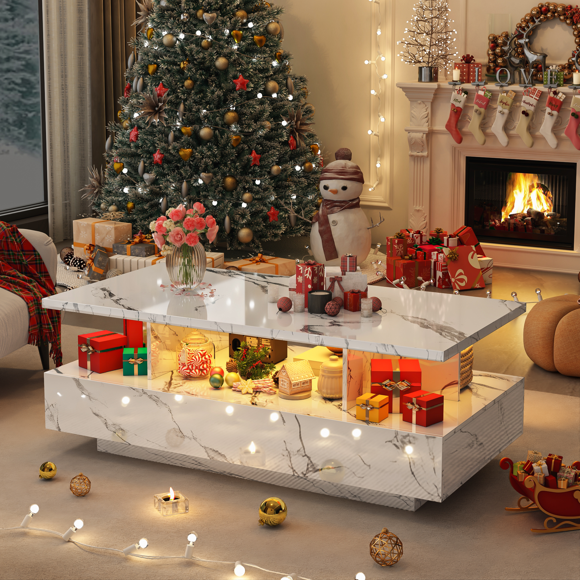 Modern LED Coffee Table with Storage, High Gloss Coffee Tables Rectangular Center Table with Open Display Shelf & 2 Sliding Drawers