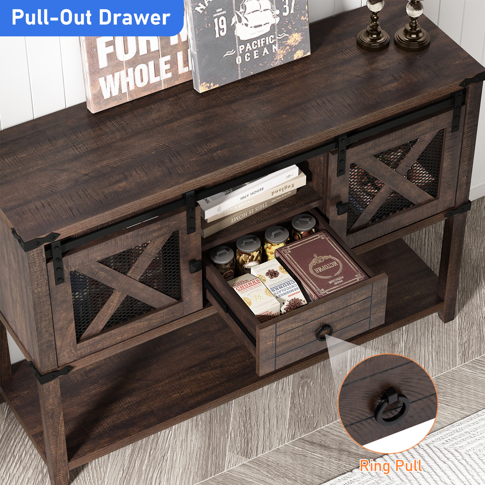 Blotout Entryway Table w/Sliding Barn Doors, 46'' Farmhouse & Industrial Rustic Console Sofa Table