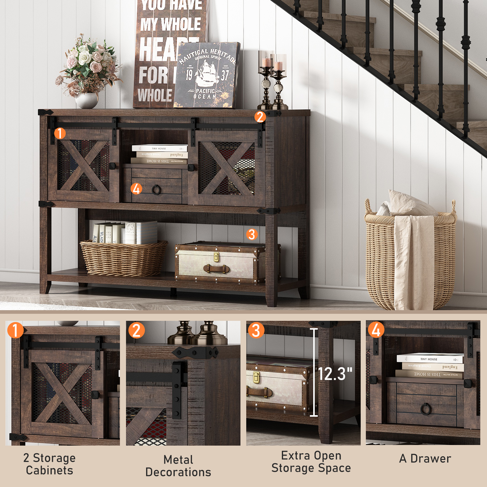 Blotout Entryway Table w/Sliding Barn Doors, 46'' Farmhouse & Industrial Rustic Console Sofa Table