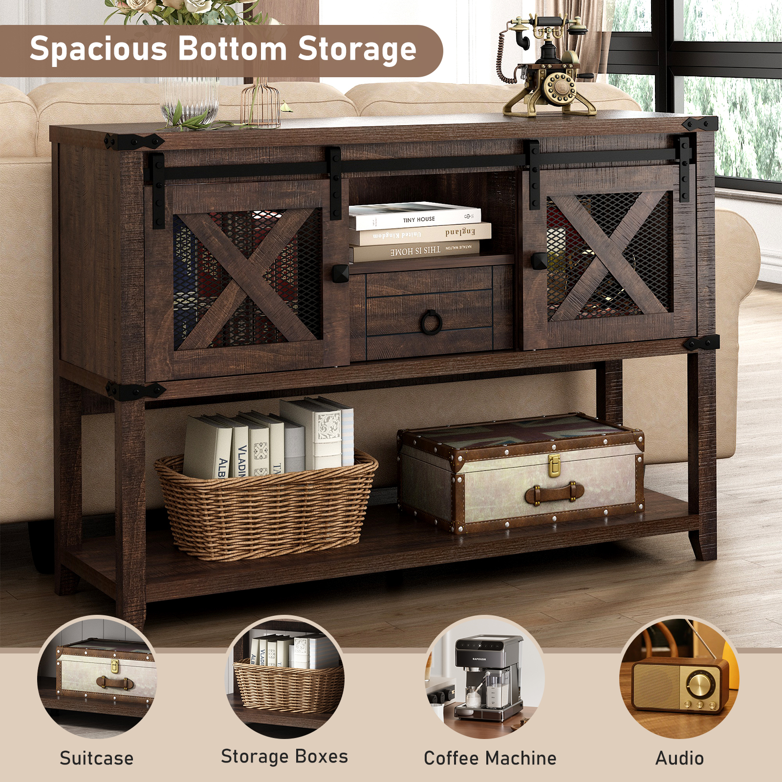 Blotout Entryway Table w/Sliding Barn Doors, 46'' Farmhouse & Industrial Rustic Console Sofa Table