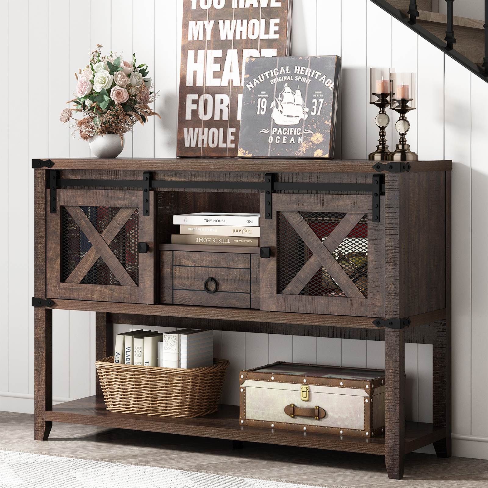 Blotout Entryway Table w/Sliding Barn Doors, 46'' Farmhouse & Industrial Rustic Console Sofa Table