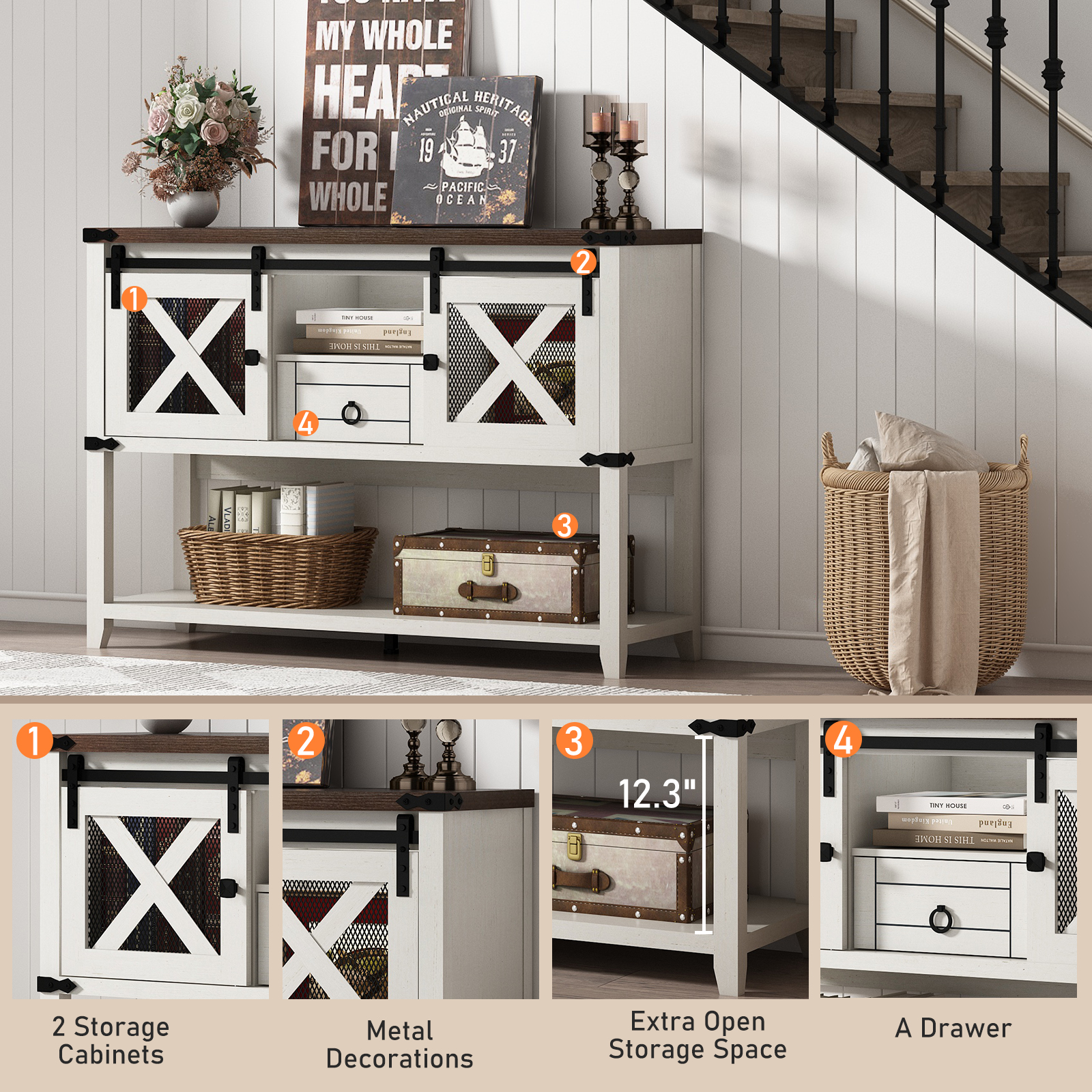 Blotout Entryway Table w/Sliding Barn Doors, 46'' Farmhouse & Industrial Rustic Console Sofa Table