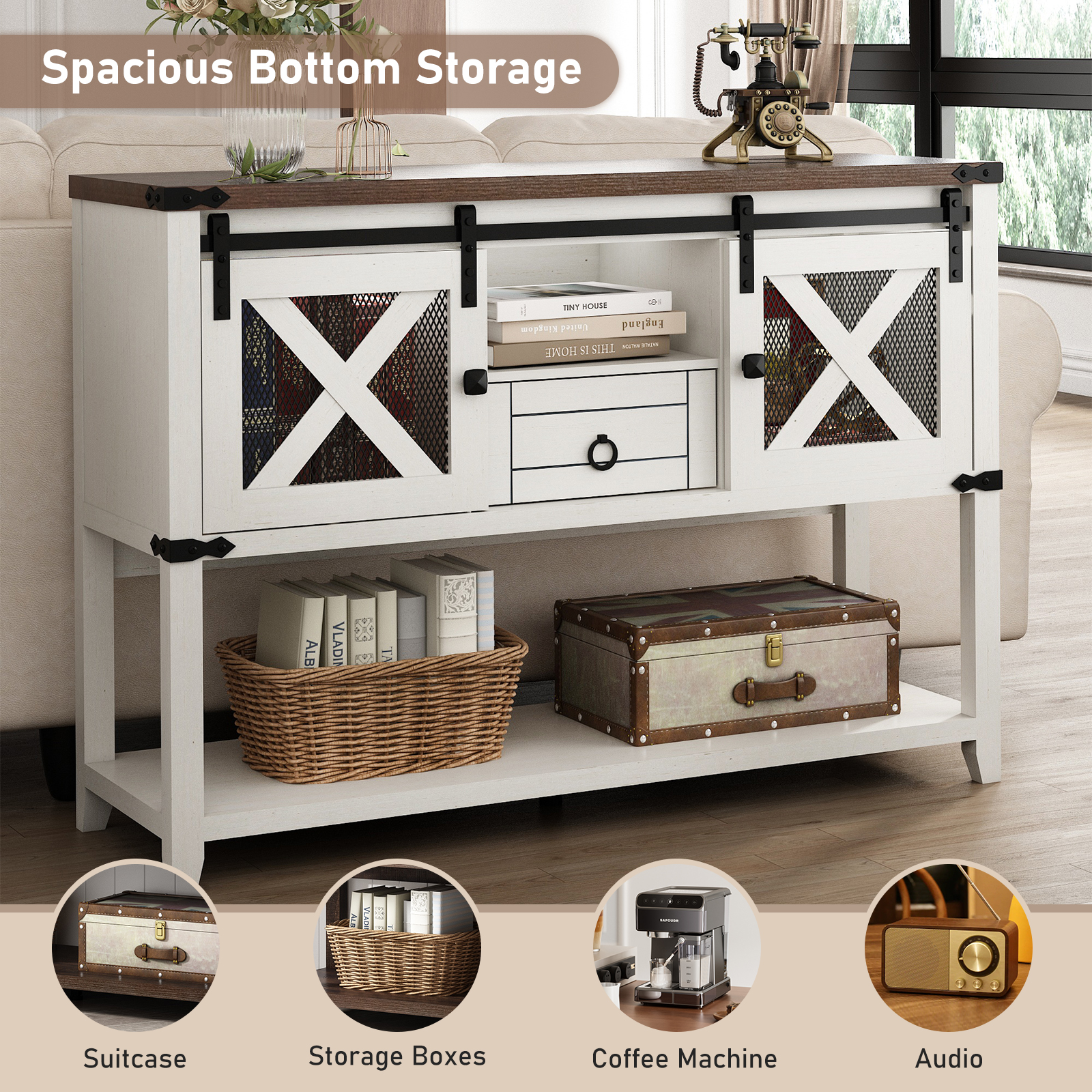 Blotout Entryway Table w/Sliding Barn Doors, 46'' Farmhouse & Industrial Rustic Console Sofa Table