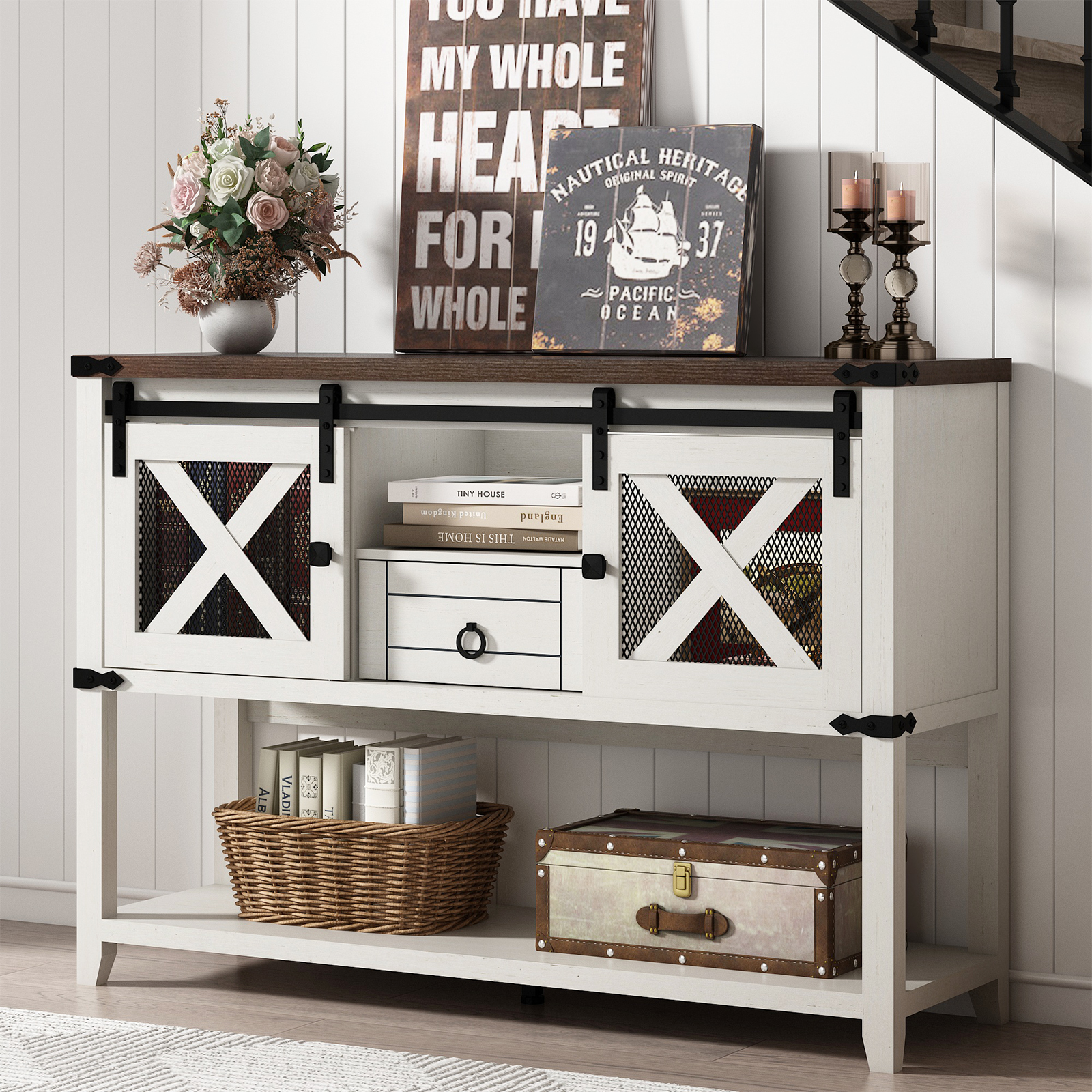 Blotout Entryway Table w/Sliding Barn Doors, 46'' Farmhouse & Industrial Rustic Console Sofa Table