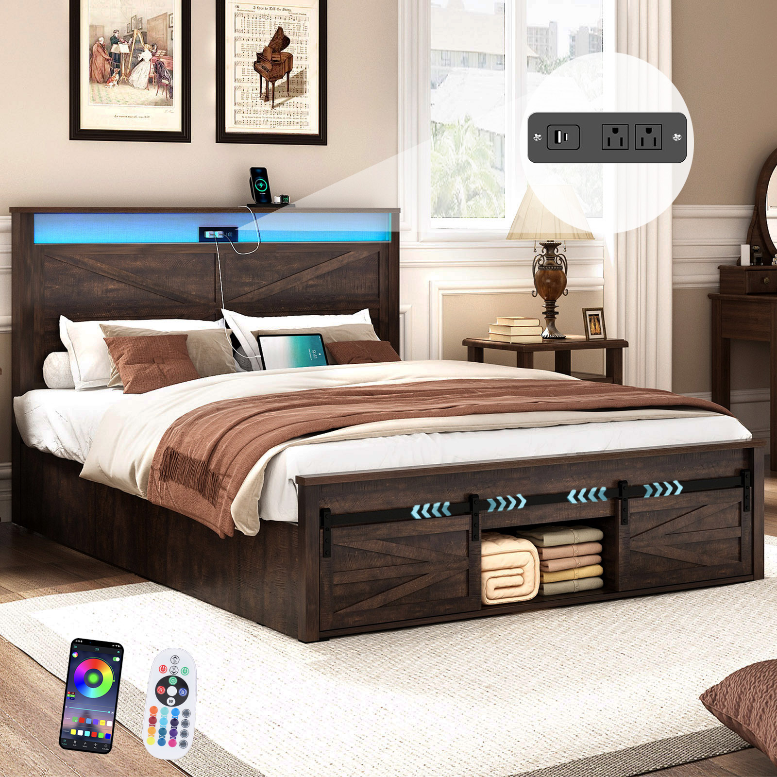 Farmhouse Bed Frame with Sliding Barn Door Storage Cabinets & LED Light Headboard, Charging Station, Wood Platform Bed with Metal Slats Support