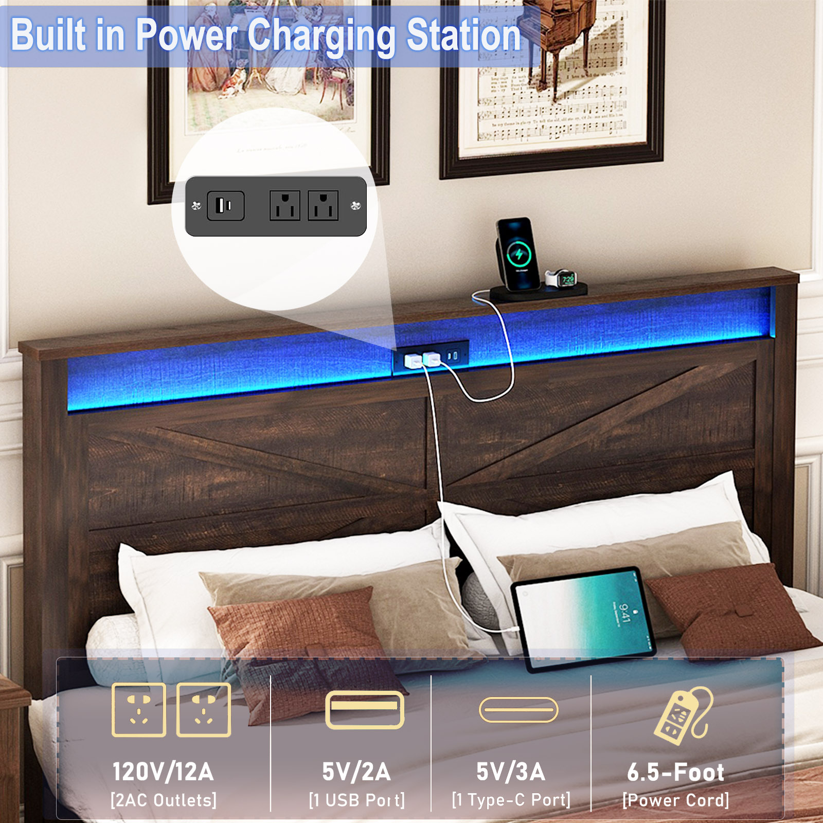 Farmhouse Bed Frame with Sliding Barn Door Storage Cabinets & LED Light Headboard, Charging Station, Wood Platform Bed with Metal Slats Support