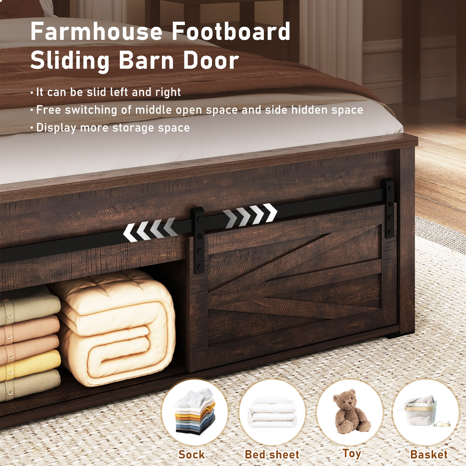 Farmhouse Bed Frame with Sliding Barn Door Storage Cabinets & LED Light Headboard, Charging Station, Wood Platform Bed with Metal Slats Support