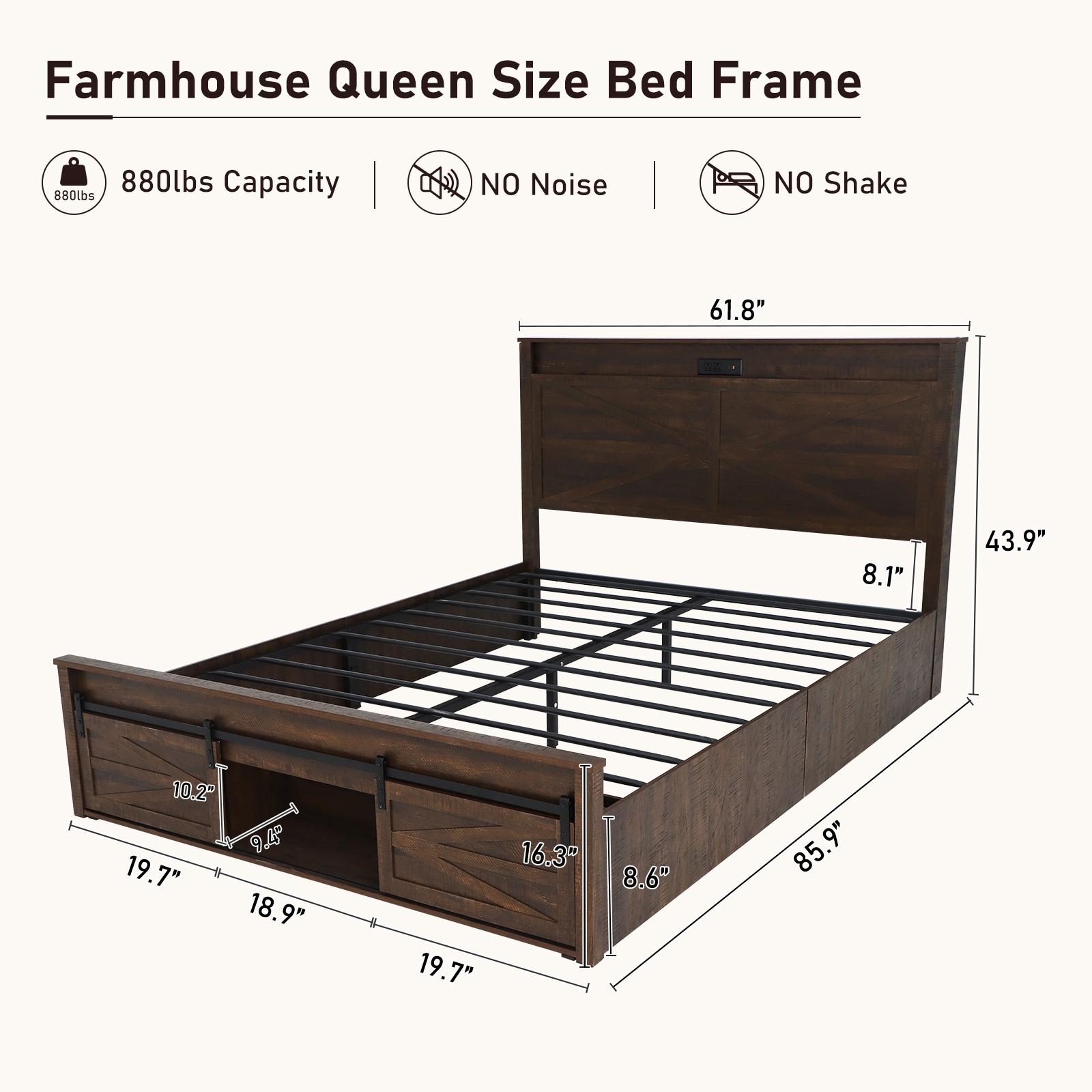 Farmhouse Bed Frame with Sliding Barn Door Storage Cabinets & LED Light Headboard, Charging Station, Wood Platform Bed with Metal Slats Support
