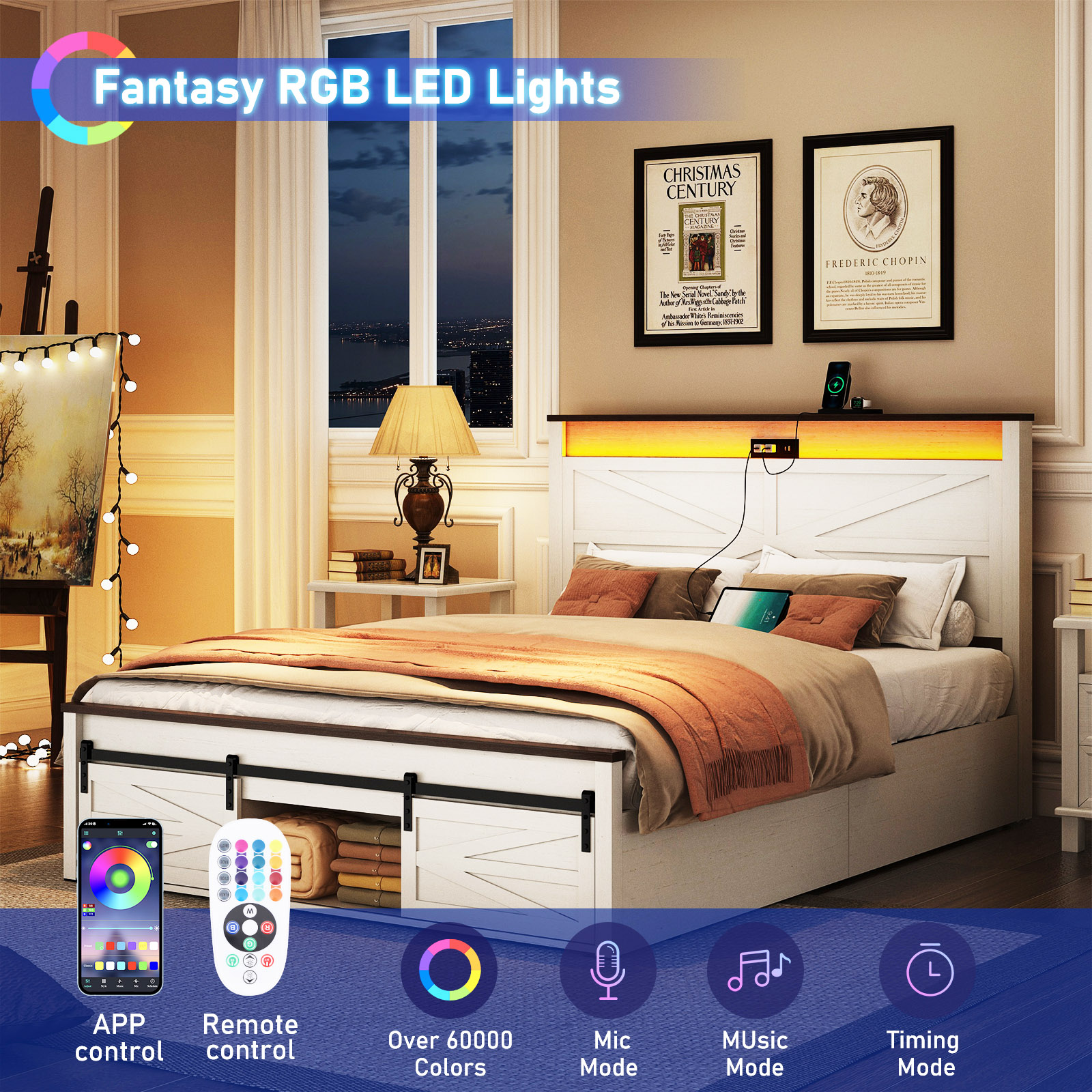 Farmhouse Bed Frame with Sliding Barn Door Storage Cabinets & LED Light Headboard, Charging Station, Wood Platform Bed with Metal Slats Support