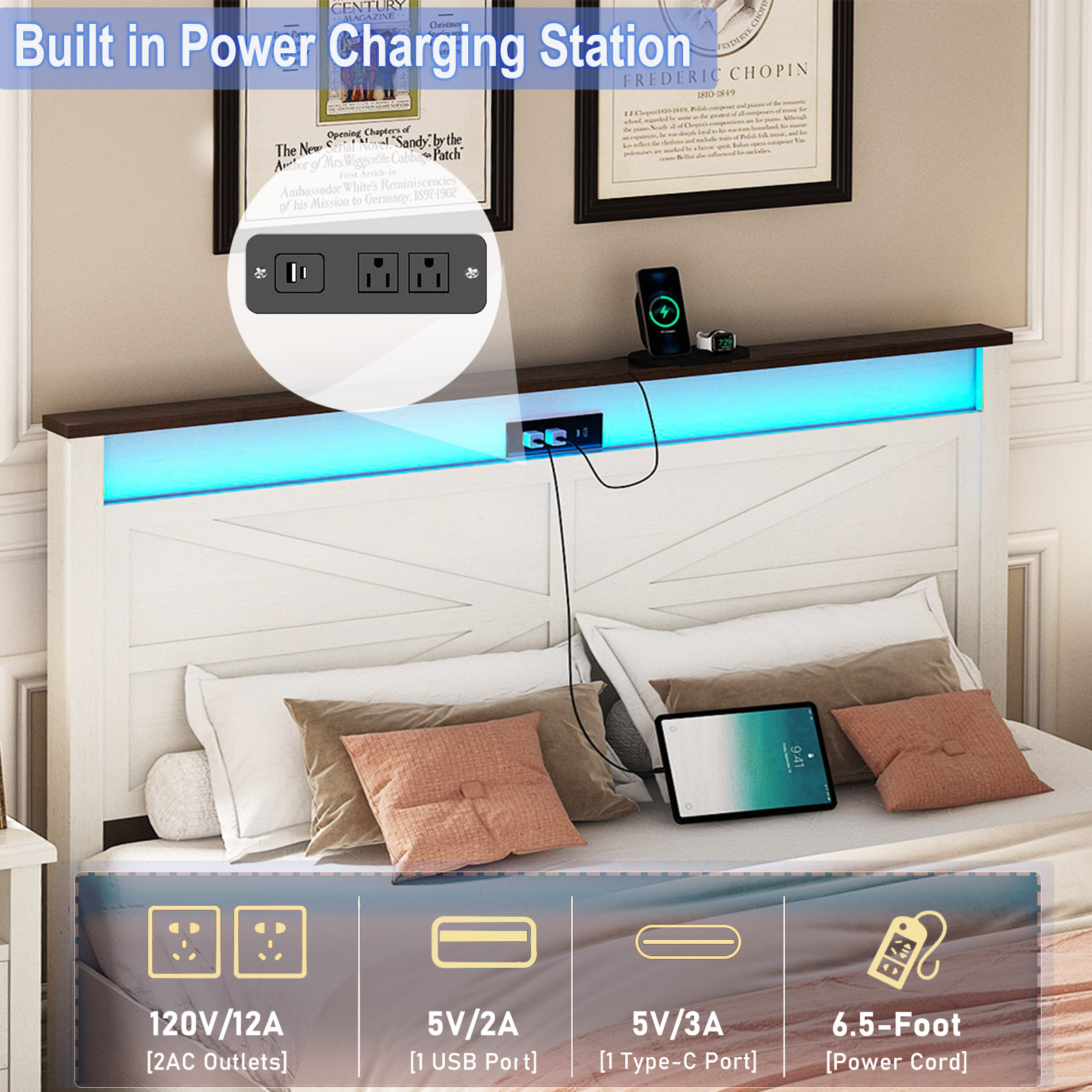 Farmhouse Bed Frame with Sliding Barn Door Storage Cabinets & LED Light Headboard, Charging Station, Wood Platform Bed with Metal Slats Support