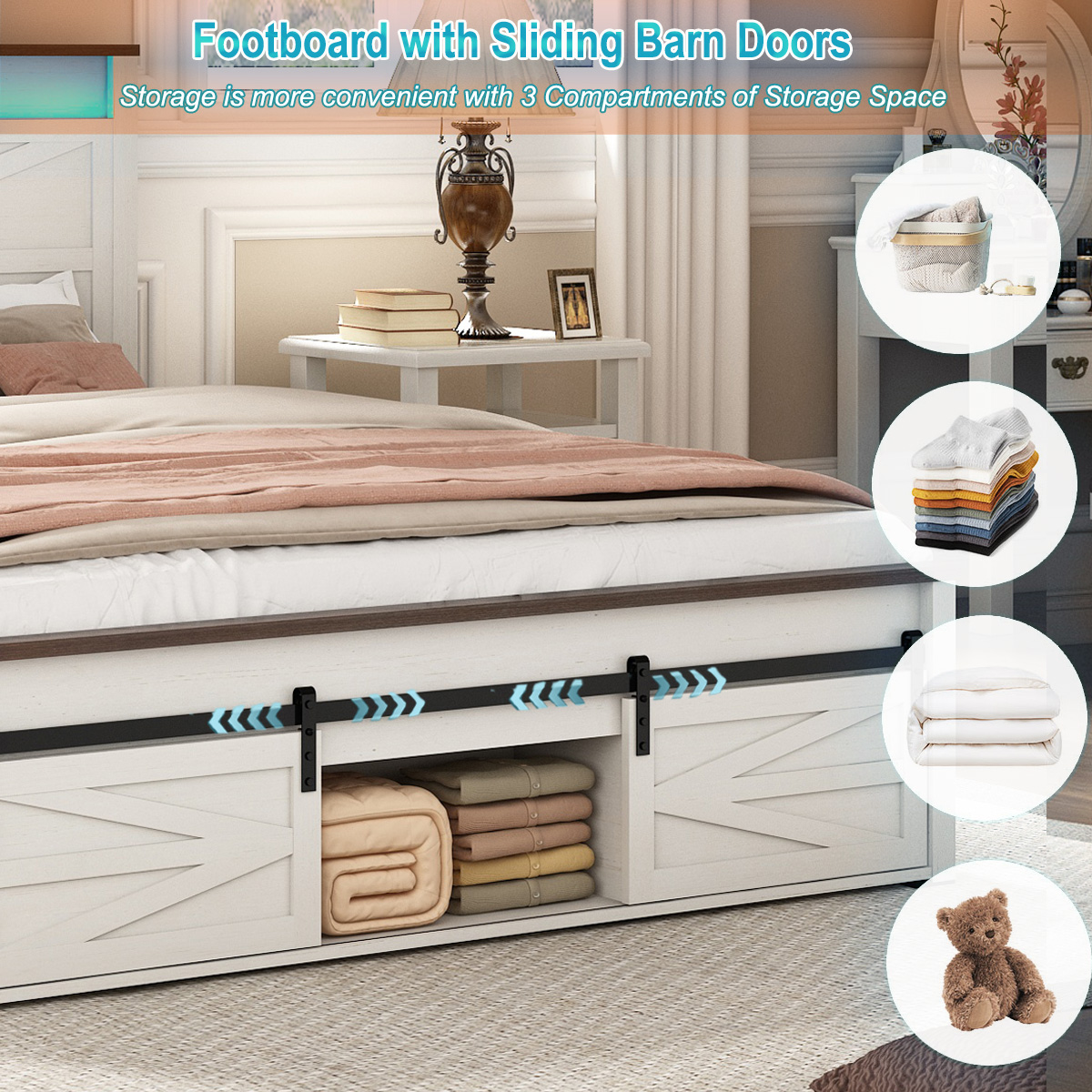 Farmhouse Bed Frame with Sliding Barn Door Storage Cabinets & LED Light Headboard, Charging Station, Wood Platform Bed with Metal Slats Support