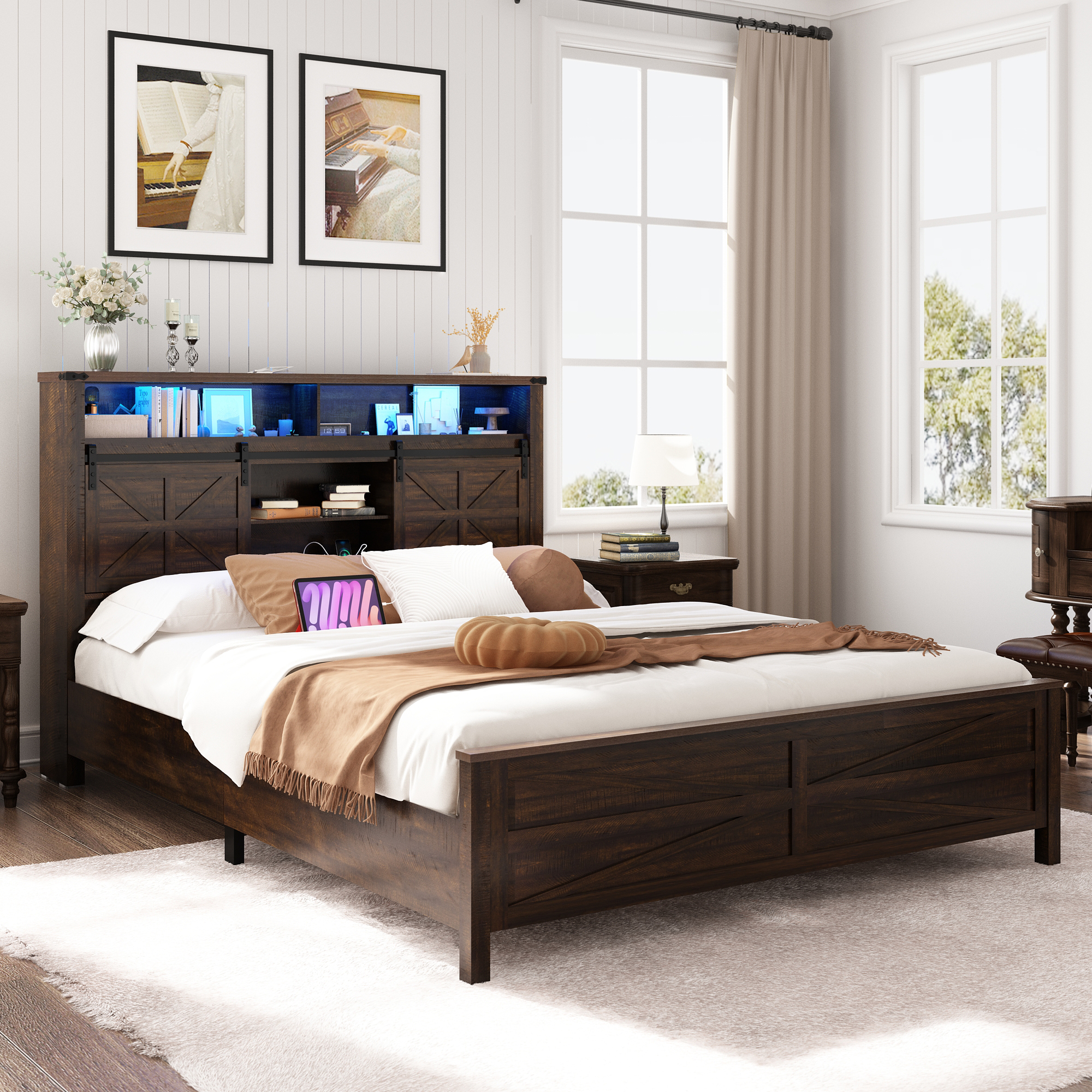 Farmhouse Queen Size Bed Frame with LED Light & Charging Station, Sliding Barn Door Storage Headboard