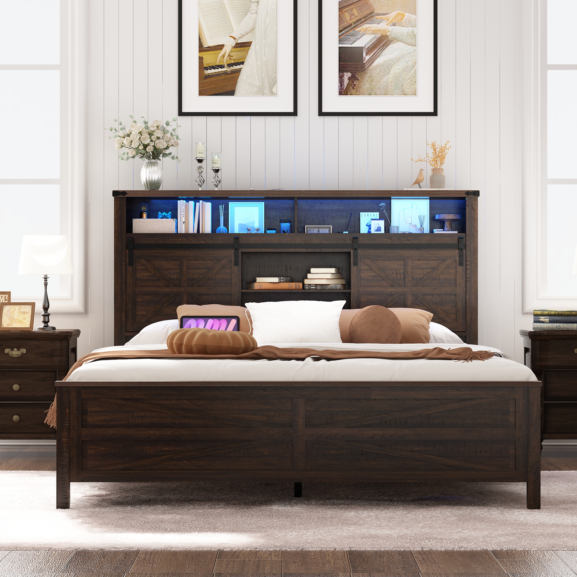 Farmhouse Queen Size Bed Frame with LED Light & Charging Station, Sliding Barn Door Storage Headboard