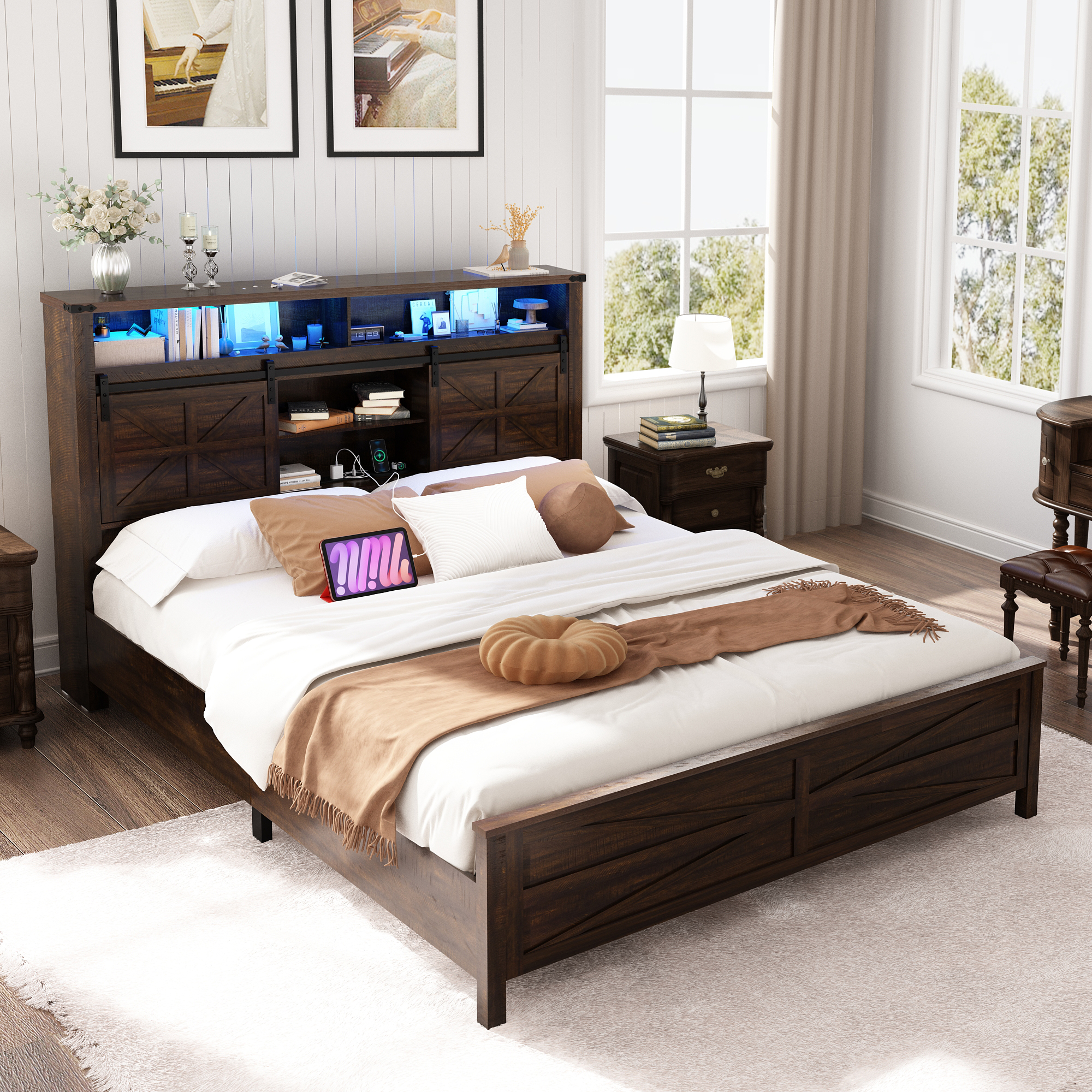 Farmhouse Queen Size Bed Frame with LED Light & Charging Station, Sliding Barn Door Storage Headboard