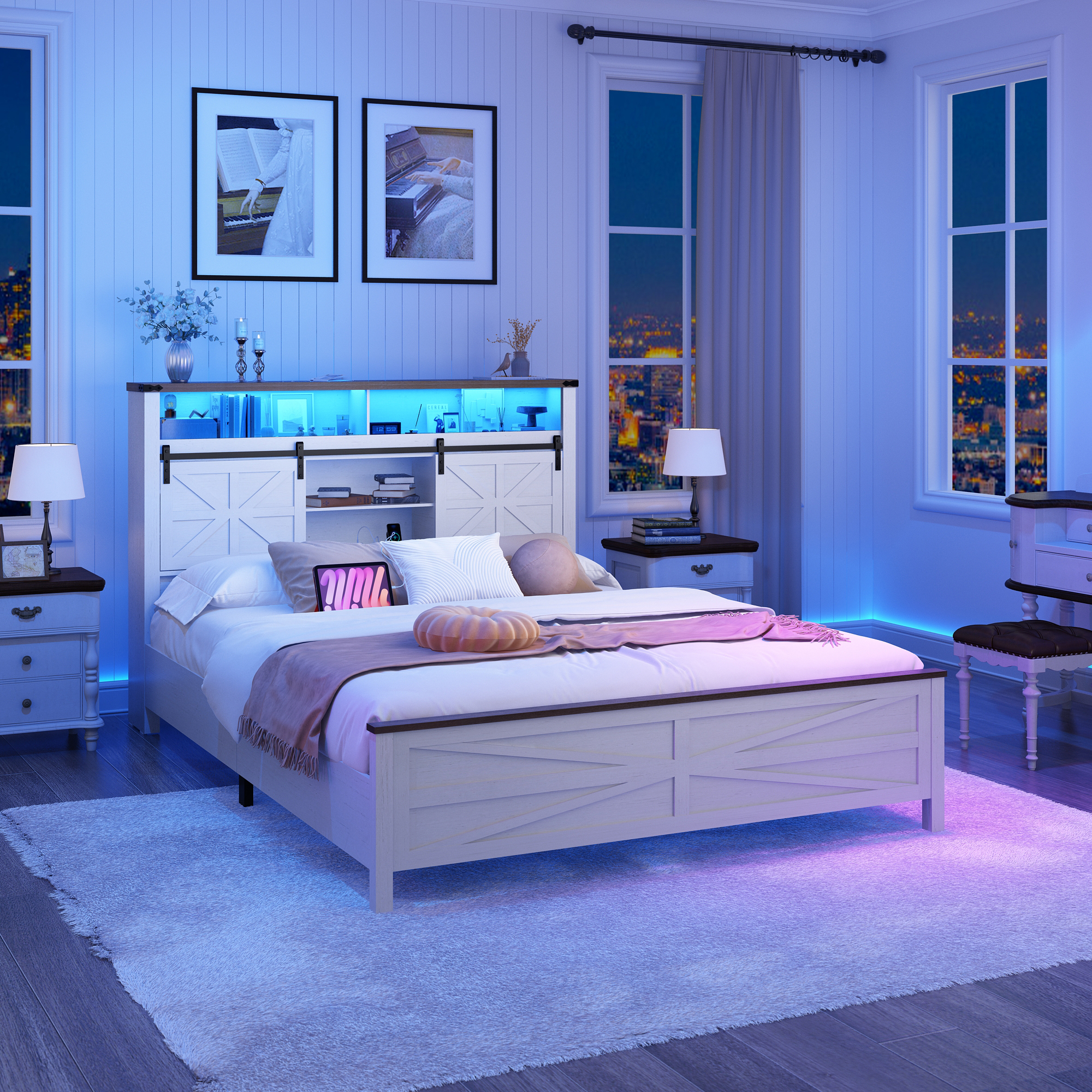 Farmhouse Queen Size Bed Frame with LED Light & Charging Station, Sliding Barn Door Storage Headboard