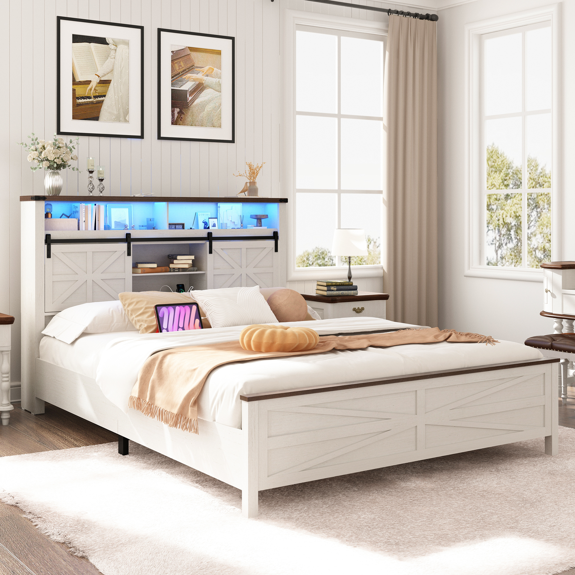 Farmhouse Queen Size Bed Frame with LED Light & Charging Station, Sliding Barn Door Storage Headboard