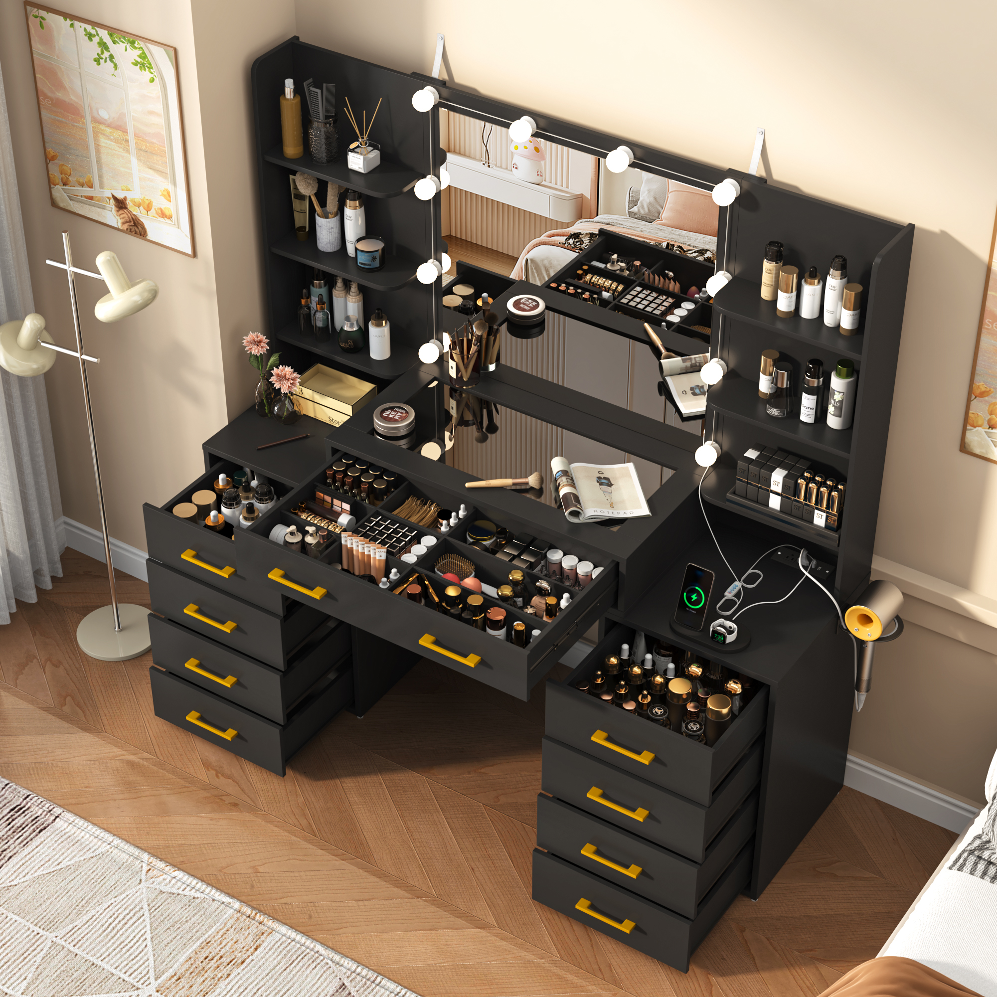 Black Vanity Desk with Mirror and Lights, Large Vanity Table Makeup Desk with Charging Station 9 Drawers and 6 Shelves, Lots Storage Shelves(Black)
