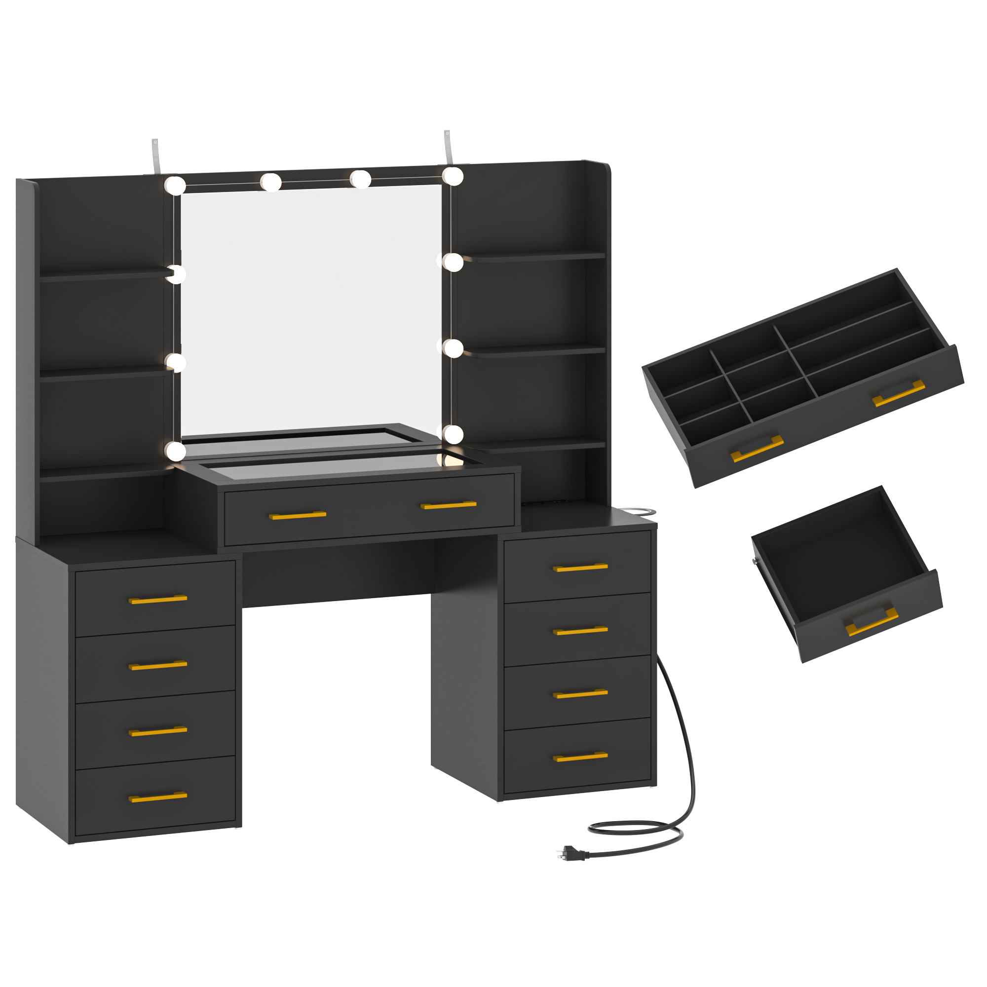 Black Vanity Desk with Mirror and Lights, Large Vanity Table Makeup Desk with Charging Station 9 Drawers and 6 Shelves, Lots Storage Shelves(Black)
