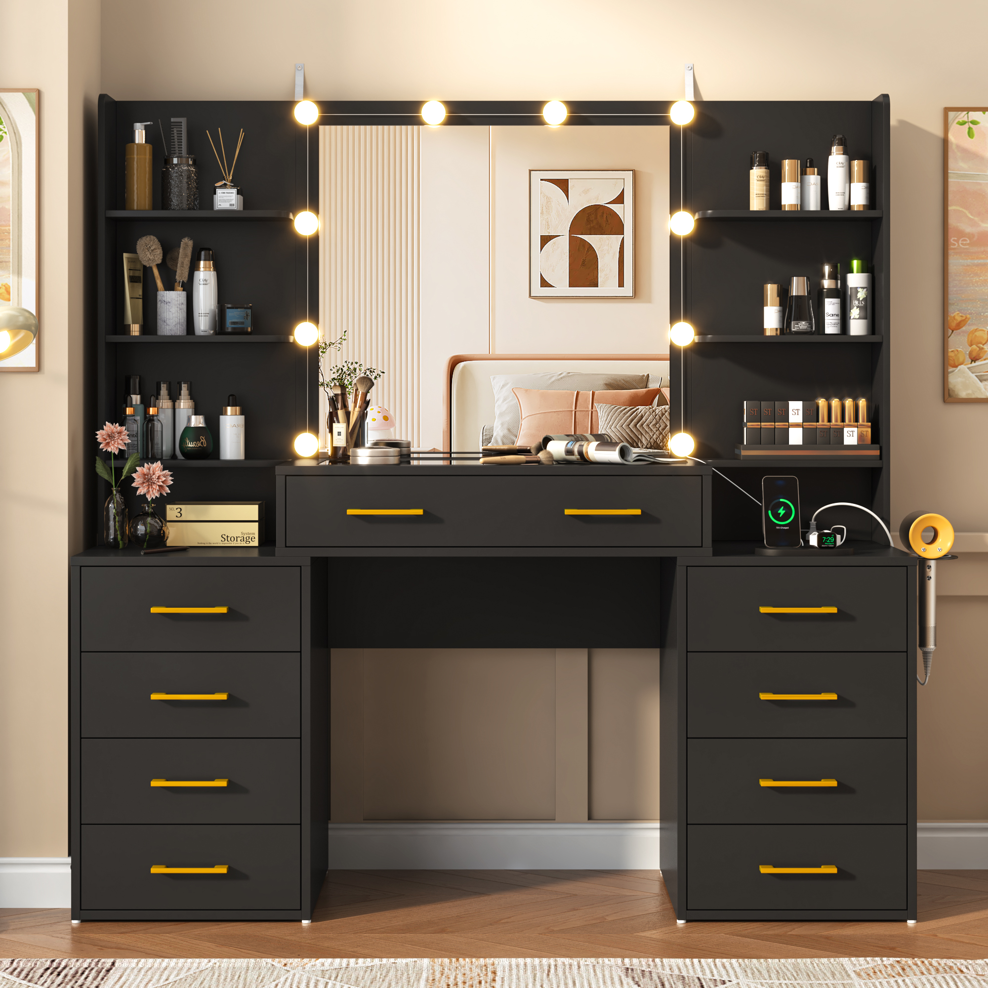 Black Vanity Desk with Mirror and Lights, Large Vanity Table Makeup Desk with Charging Station 9 Drawers and 6 Shelves, Lots Storage Shelves(Black)