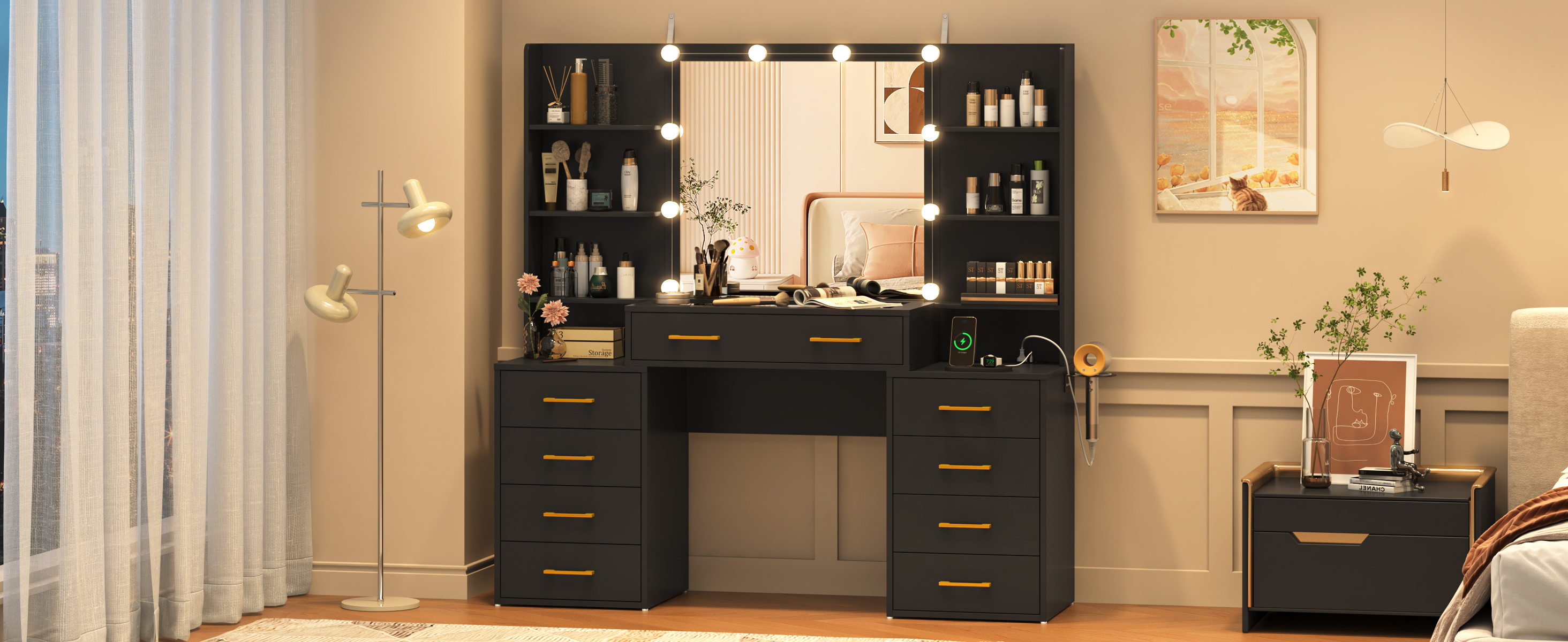 Black Vanity Desk with Mirror and Lights, Large Vanity Table Makeup Desk with Charging Station 9 Drawers and 6 Shelves, Lots Storage Shelves(Black)