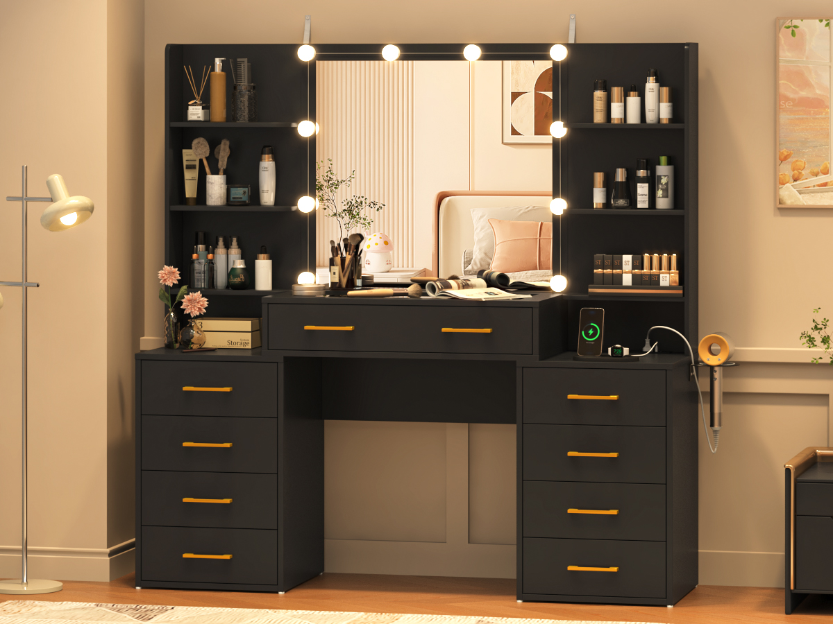 Black Vanity Desk with Mirror and Lights, Large Vanity Table Makeup Desk with Charging Station 9 Drawers and 6 Shelves, Lots Storage Shelves(Black)