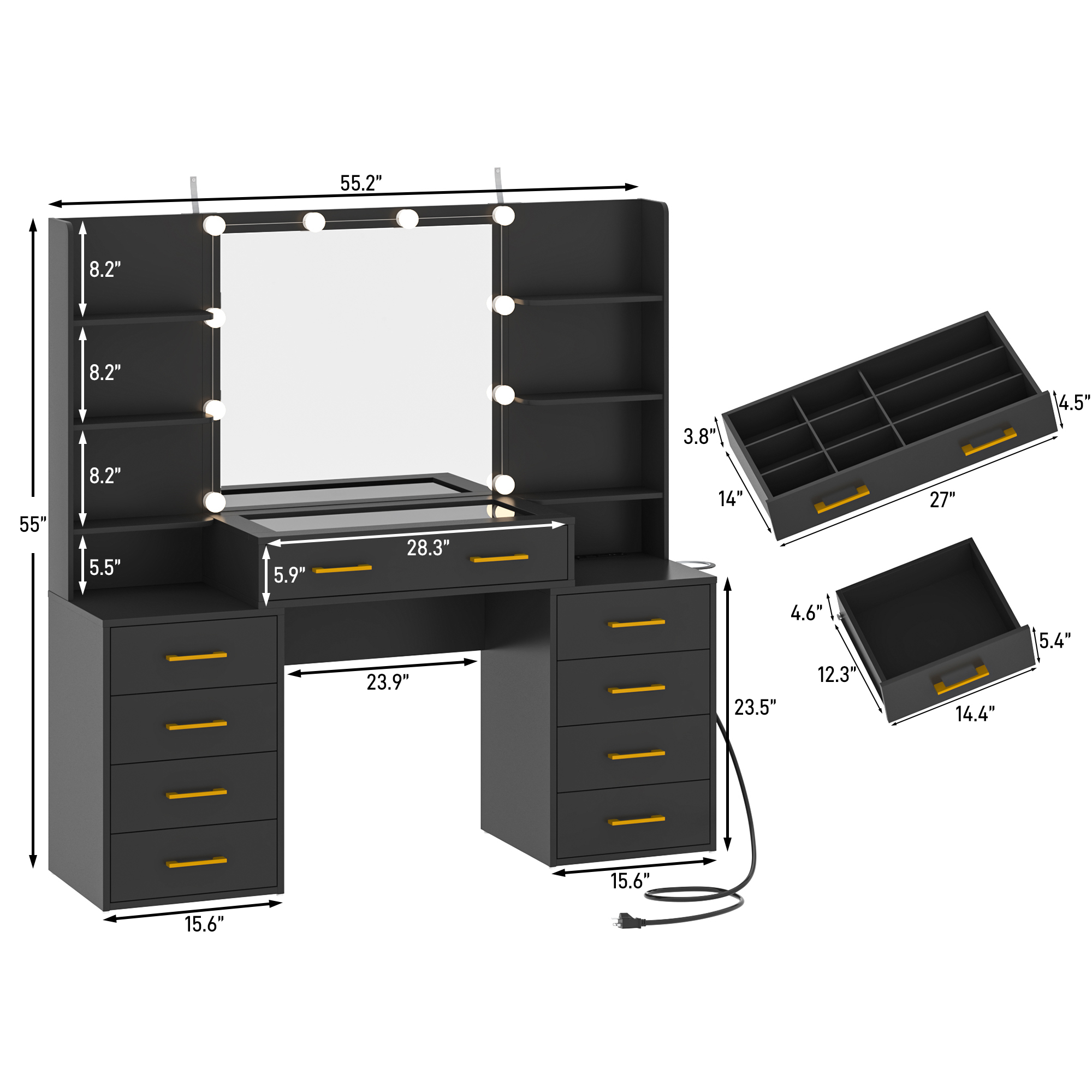 Black Vanity Desk with Mirror and Lights, Large Vanity Table Makeup Desk with Charging Station 9 Drawers and 6 Shelves, Lots Storage Shelves(Black)