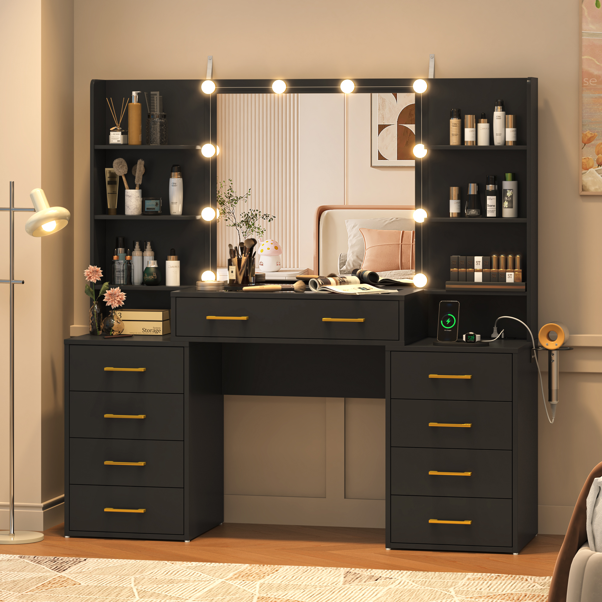 Black Vanity Desk with Mirror and Lights, Large Vanity Table Makeup Desk with Charging Station 9 Drawers and 6 Shelves, Lots Storage Shelves(Black)