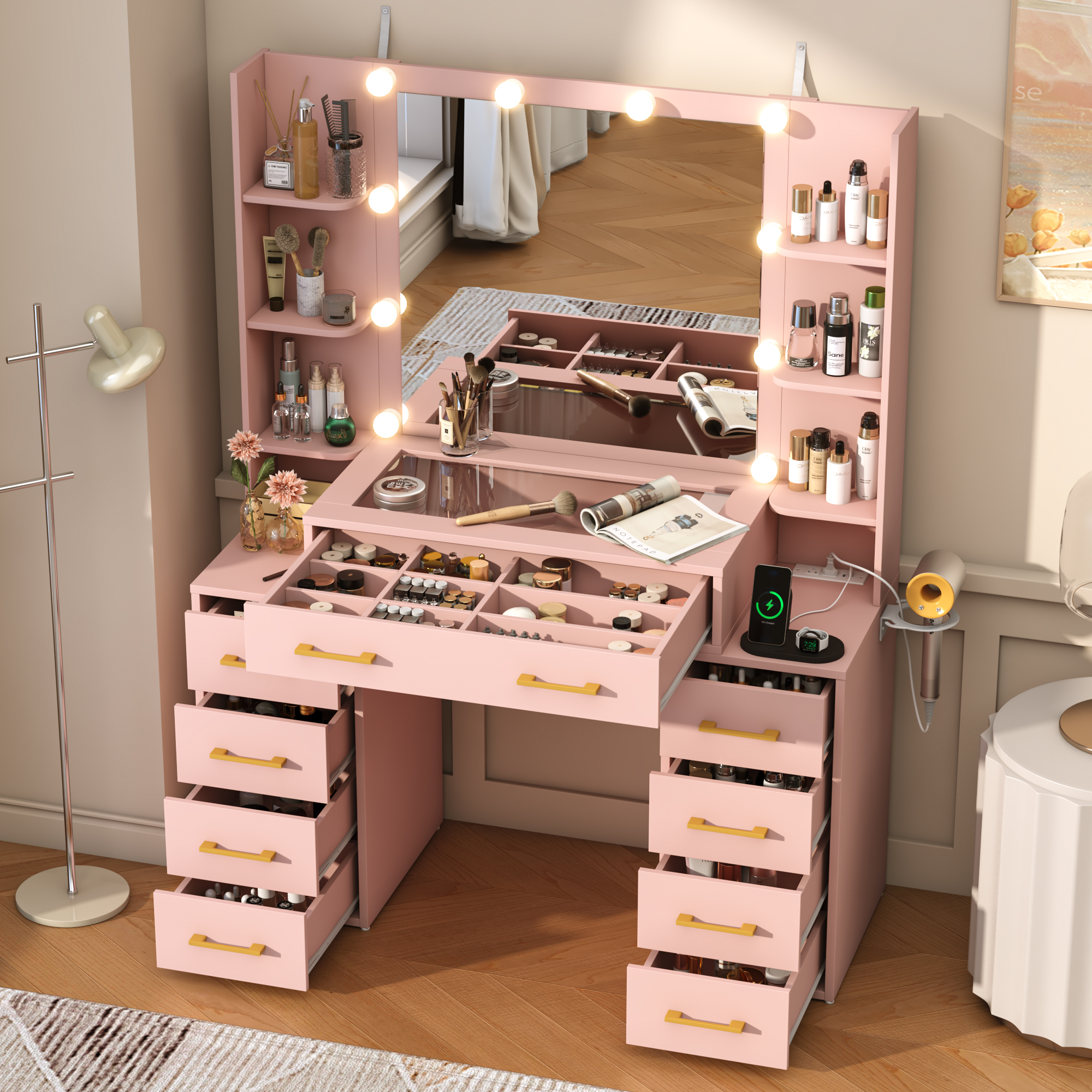 Black Vanity Desk with Mirror and Lights, Large Vanity Table Makeup Desk with Charging Station 9 Drawers and 6 Shelves, Lots Storage Shelves(Black)