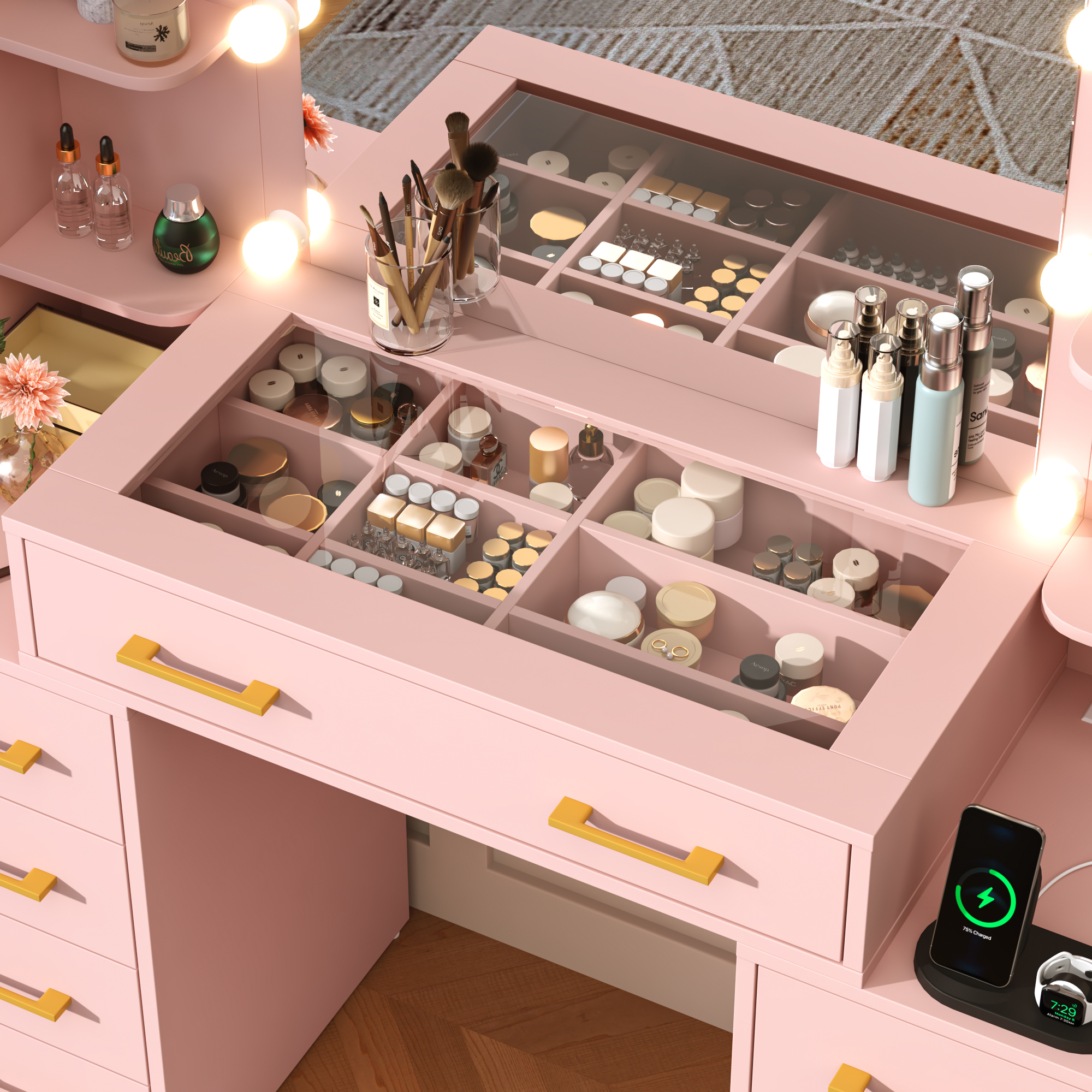 Black Vanity Desk with Mirror and Lights, Large Vanity Table Makeup Desk with Charging Station 9 Drawers and 6 Shelves, Lots Storage Shelves(Black)