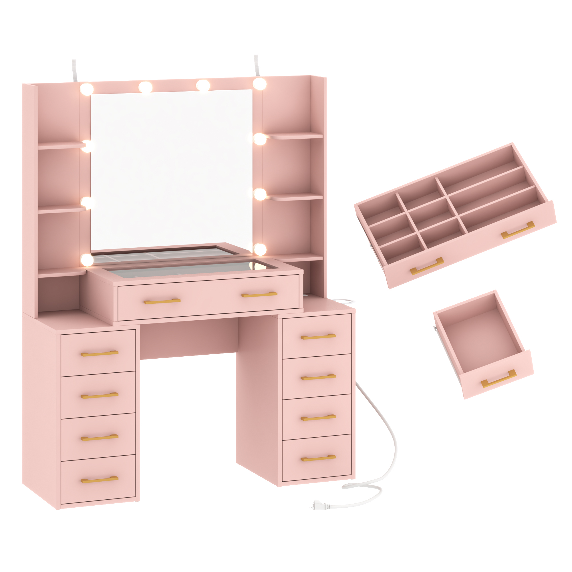 Black Vanity Desk with Mirror and Lights, Large Vanity Table Makeup Desk with Charging Station 9 Drawers and 6 Shelves, Lots Storage Shelves(Black)