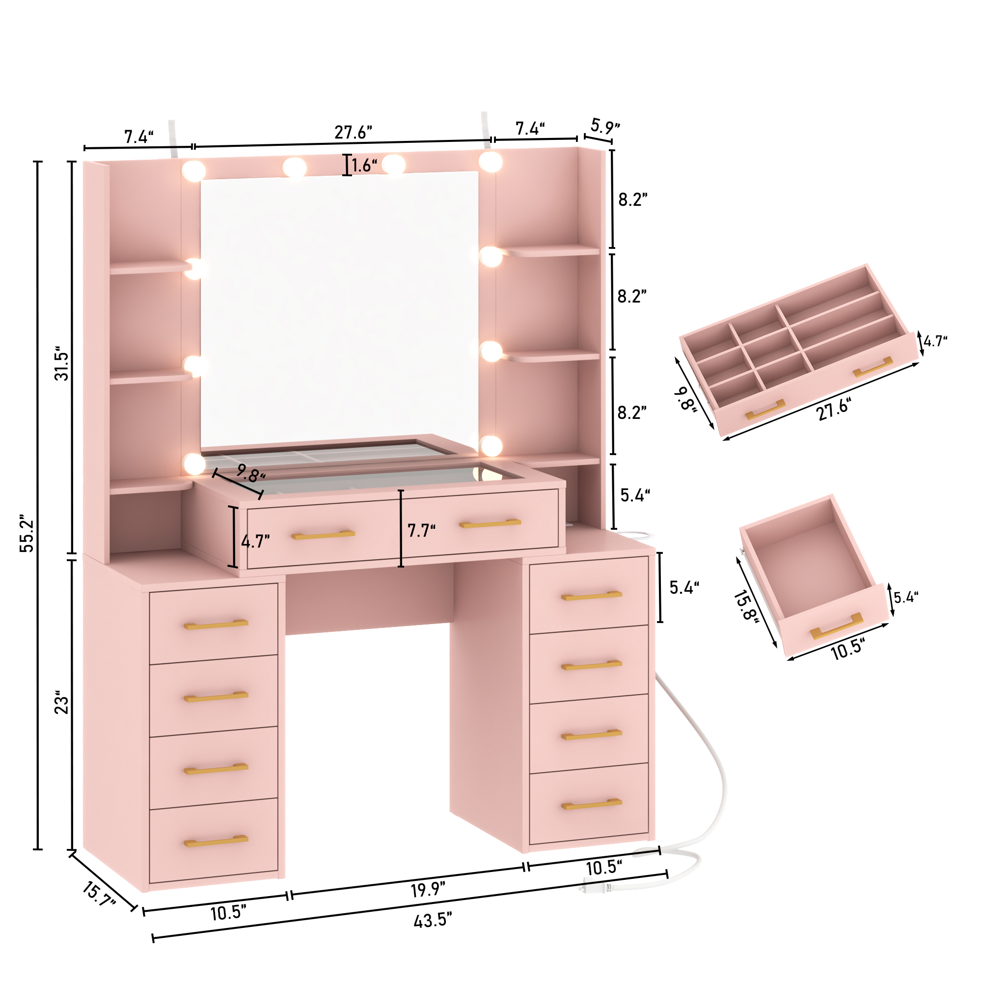 Black Vanity Desk with Mirror and Lights, Large Vanity Table Makeup Desk with Charging Station 9 Drawers and 6 Shelves, Lots Storage Shelves(Black)