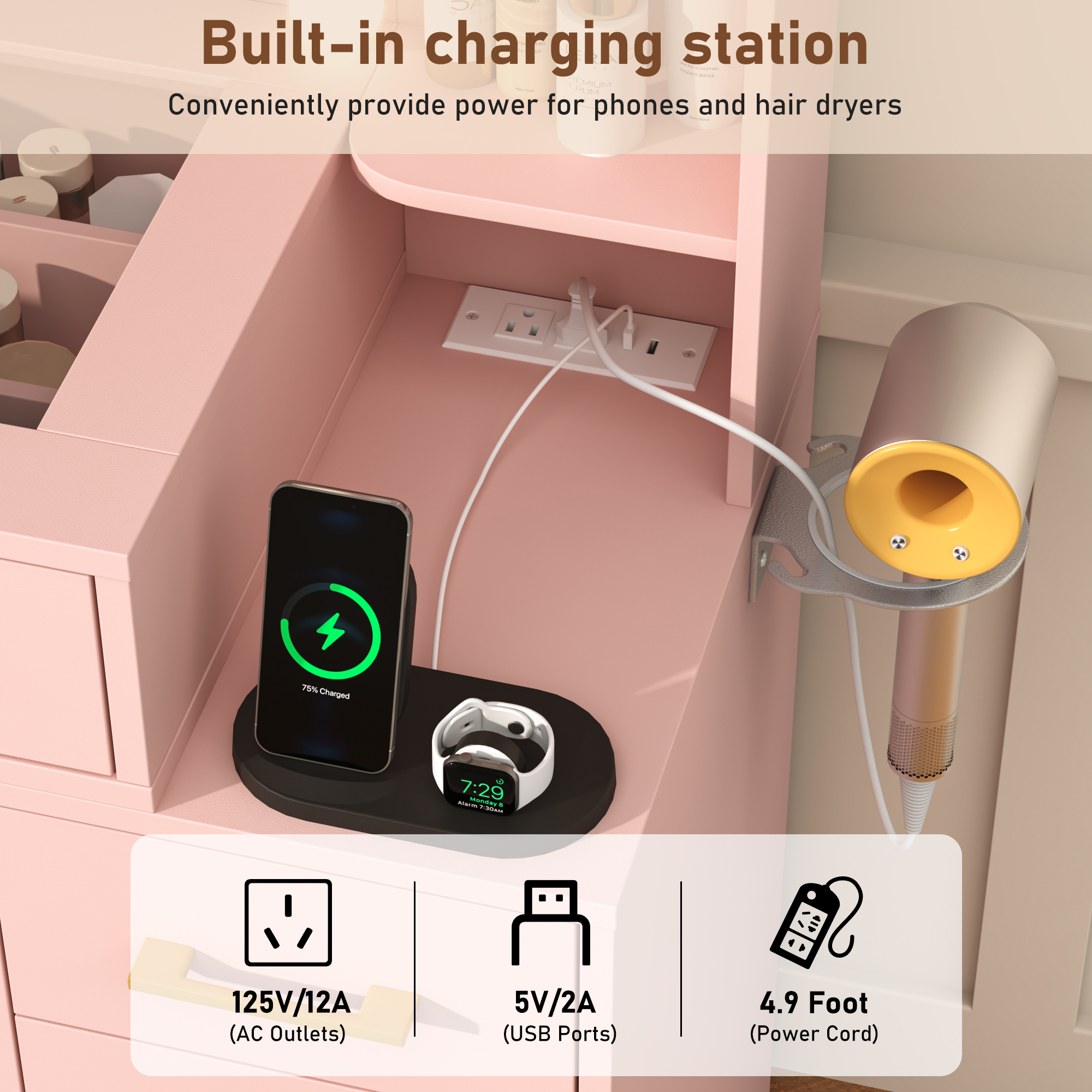 Black Vanity Desk with Mirror and Lights, Large Vanity Table Makeup Desk with Charging Station 9 Drawers and 6 Shelves, Lots Storage Shelves(Black)