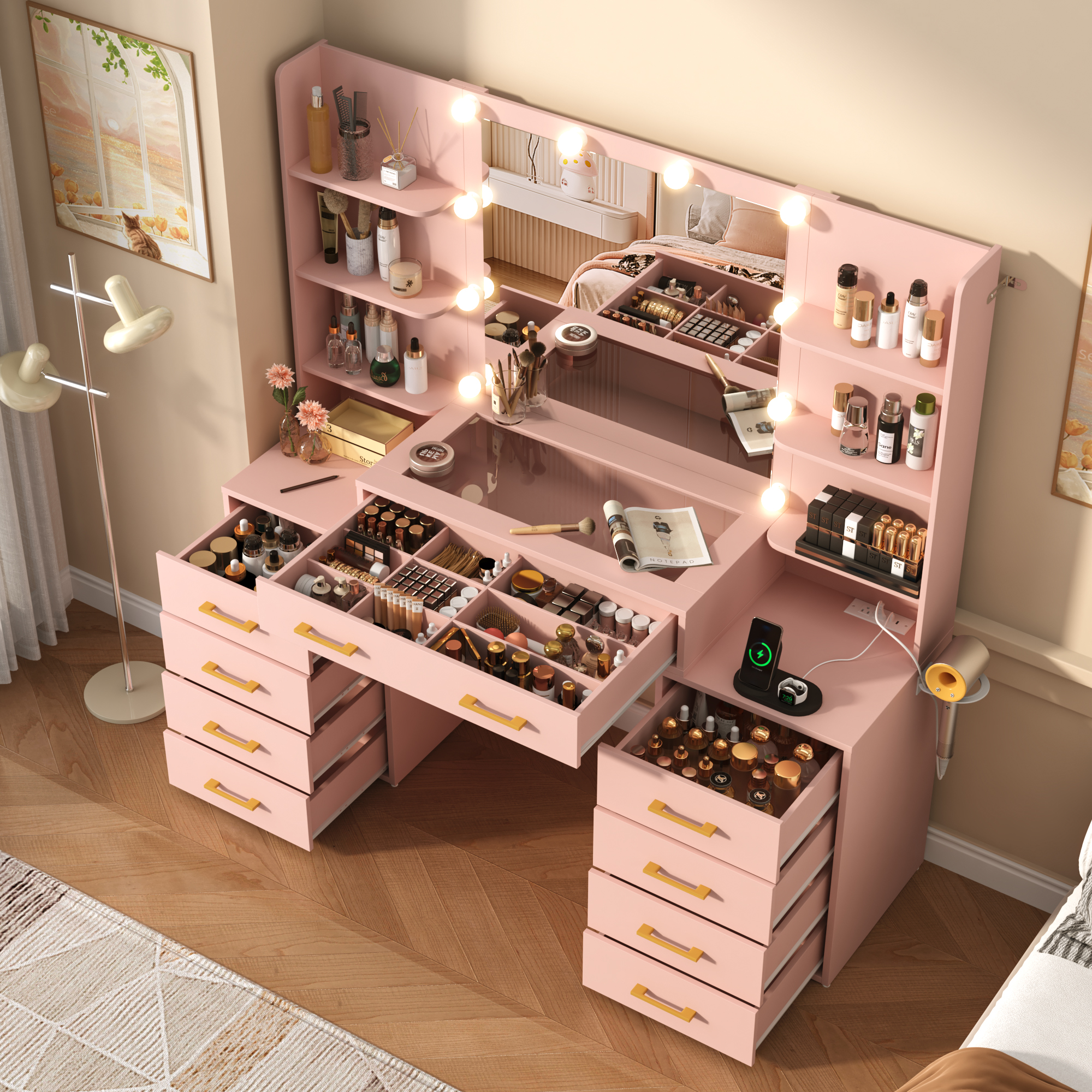 Black Vanity Desk with Mirror and Lights, Large Vanity Table Makeup Desk with Charging Station 9 Drawers and 6 Shelves, Lots Storage Shelves(Black)