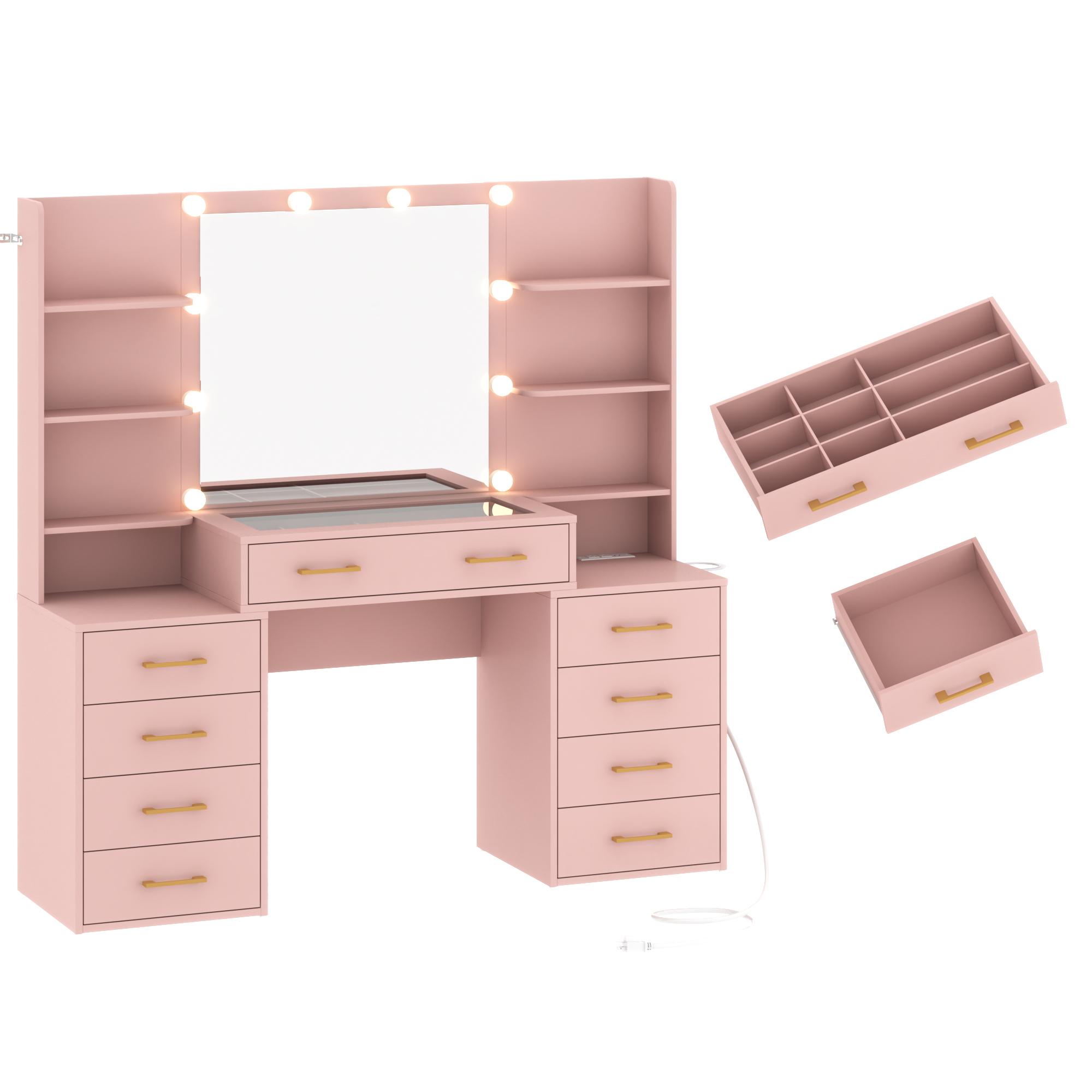 Black Vanity Desk with Mirror and Lights, Large Vanity Table Makeup Desk with Charging Station 9 Drawers and 6 Shelves, Lots Storage Shelves(Black)