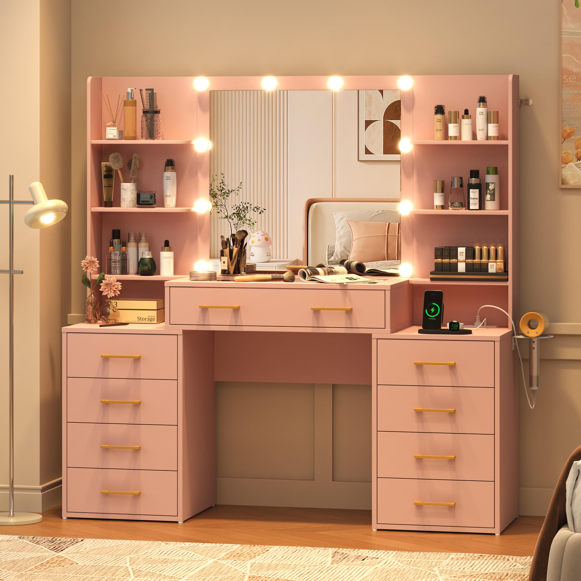 Black Vanity Desk with Mirror and Lights, Large Vanity Table Makeup Desk with Charging Station 9 Drawers and 6 Shelves, Lots Storage Shelves(Black)