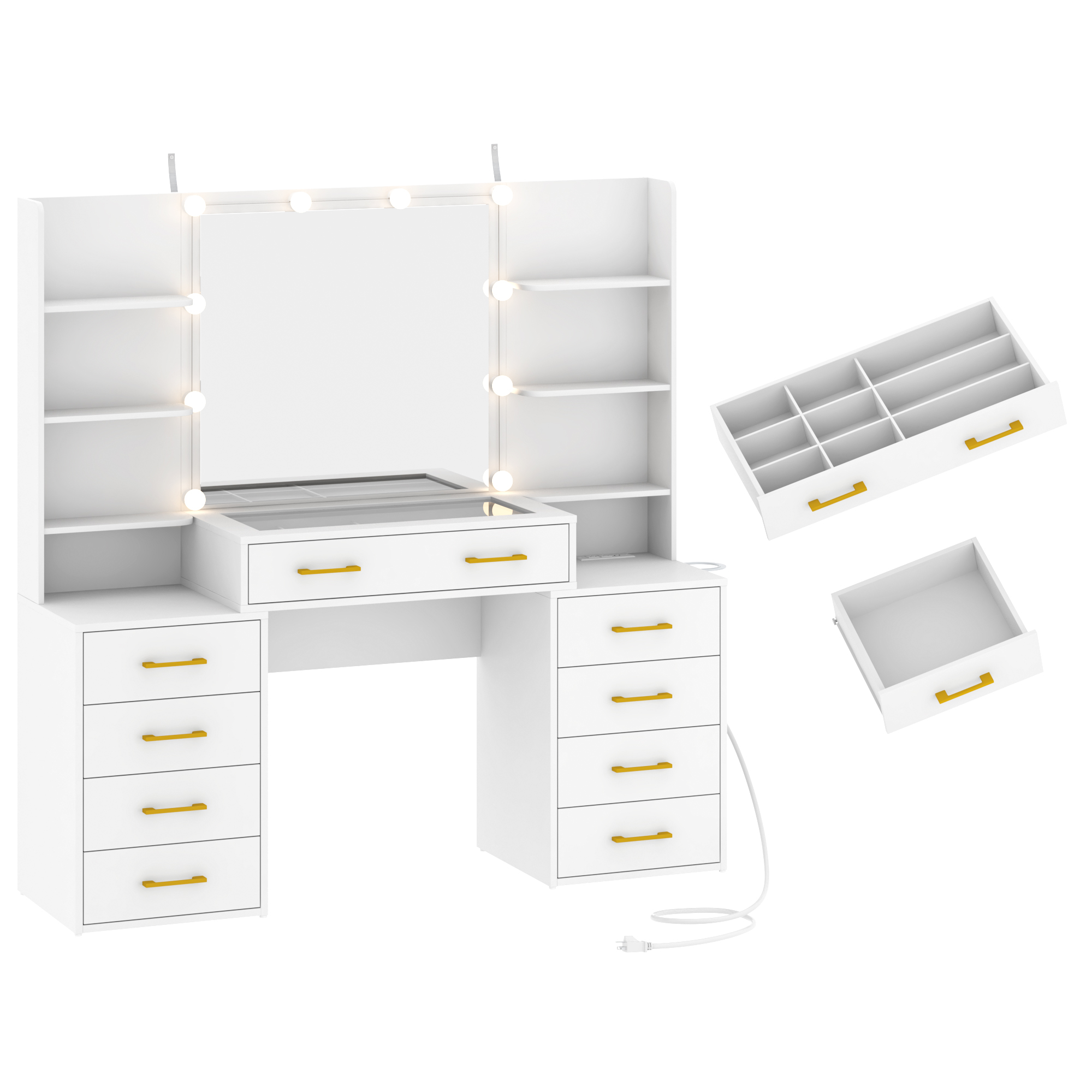 Black Vanity Desk with Mirror and Lights, Large Vanity Table Makeup Desk with Charging Station 9 Drawers and 6 Shelves, Lots Storage Shelves(Black)