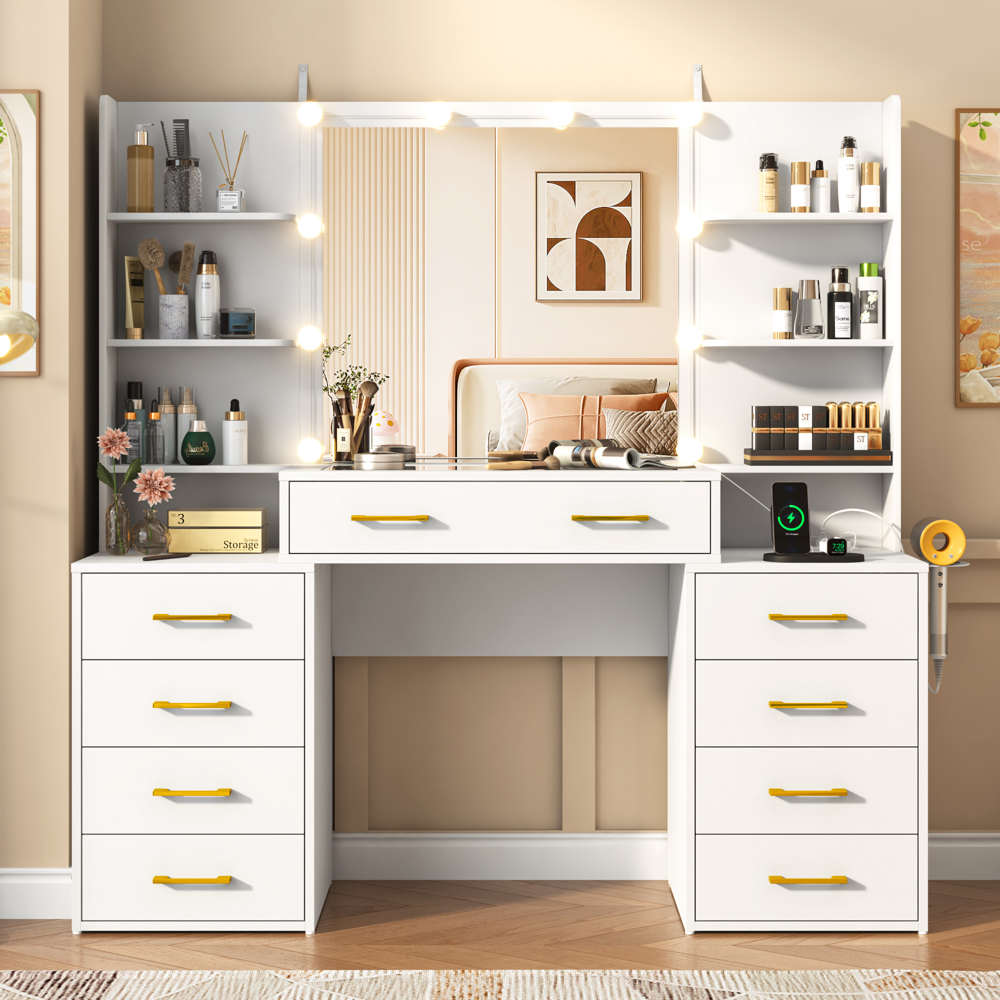 Black Vanity Desk with Mirror and Lights, Large Vanity Table Makeup Desk with Charging Station 9 Drawers and 6 Shelves, Lots Storage Shelves(Black)