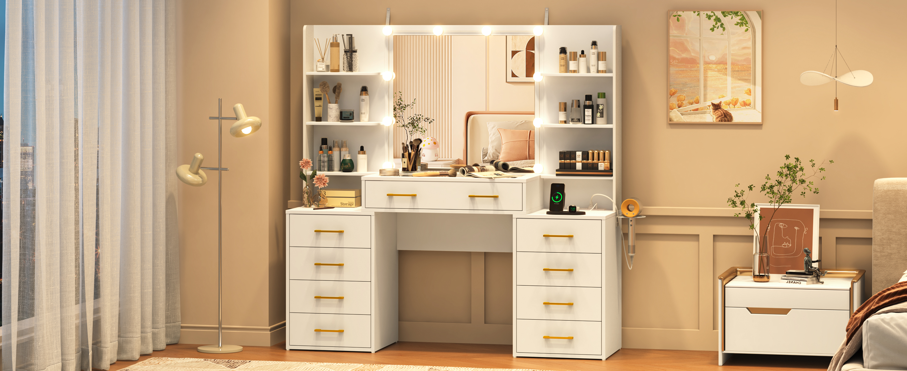 Black Vanity Desk with Mirror and Lights, Large Vanity Table Makeup Desk with Charging Station 9 Drawers and 6 Shelves, Lots Storage Shelves(Black)