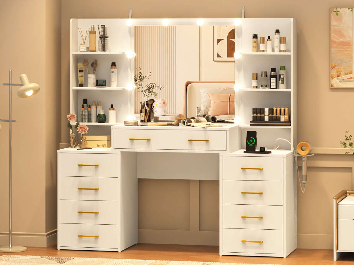Black Vanity Desk with Mirror and Lights, Large Vanity Table Makeup Desk with Charging Station 9 Drawers and 6 Shelves, Lots Storage Shelves(Black)