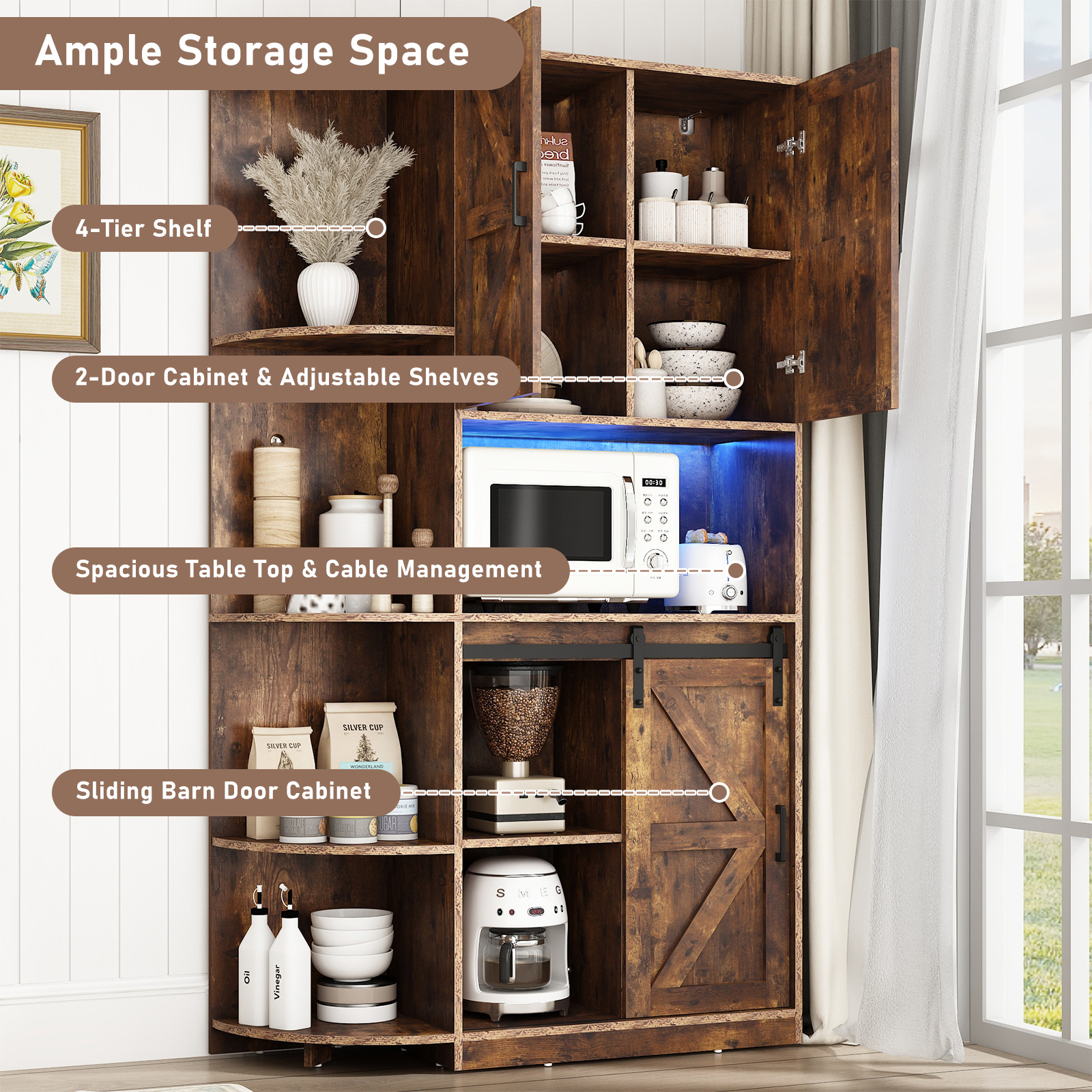 Blotout 70.9" Farmhouse Kitchen Pantry Storage Cabinet, Freestanding Hutch with Doors & Shelves, Buffet Cabinet with Microwave Stand, Power Outlet & Tall Pantry Cabinet Cupboard