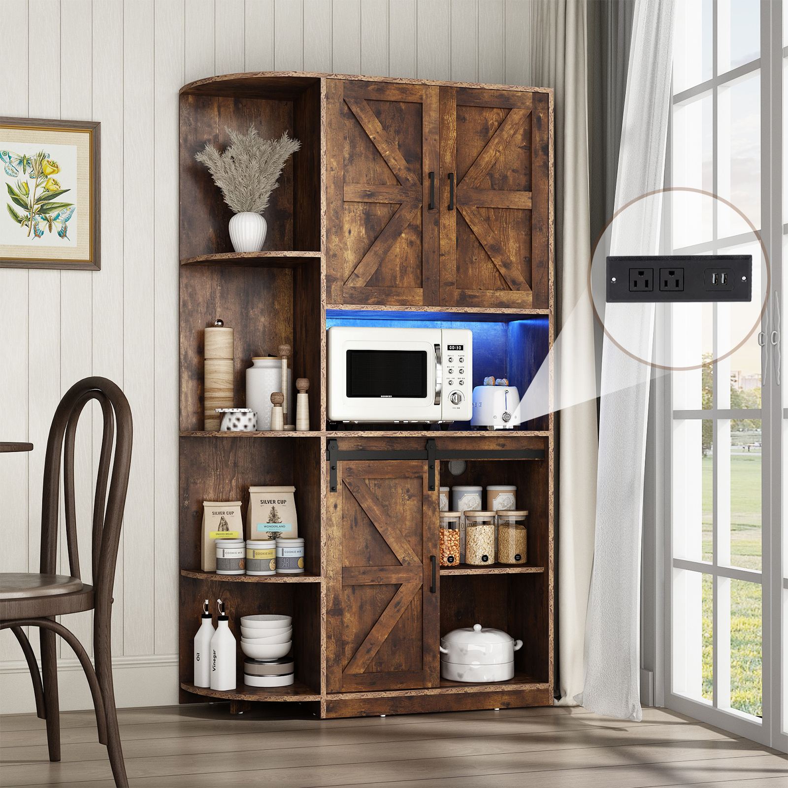 Blotout 70.9" Farmhouse Kitchen Pantry Storage Cabinet, Freestanding Hutch with Doors & Shelves, Buffet Cabinet with Microwave Stand, Power Outlet & Tall Pantry Cabinet Cupboard