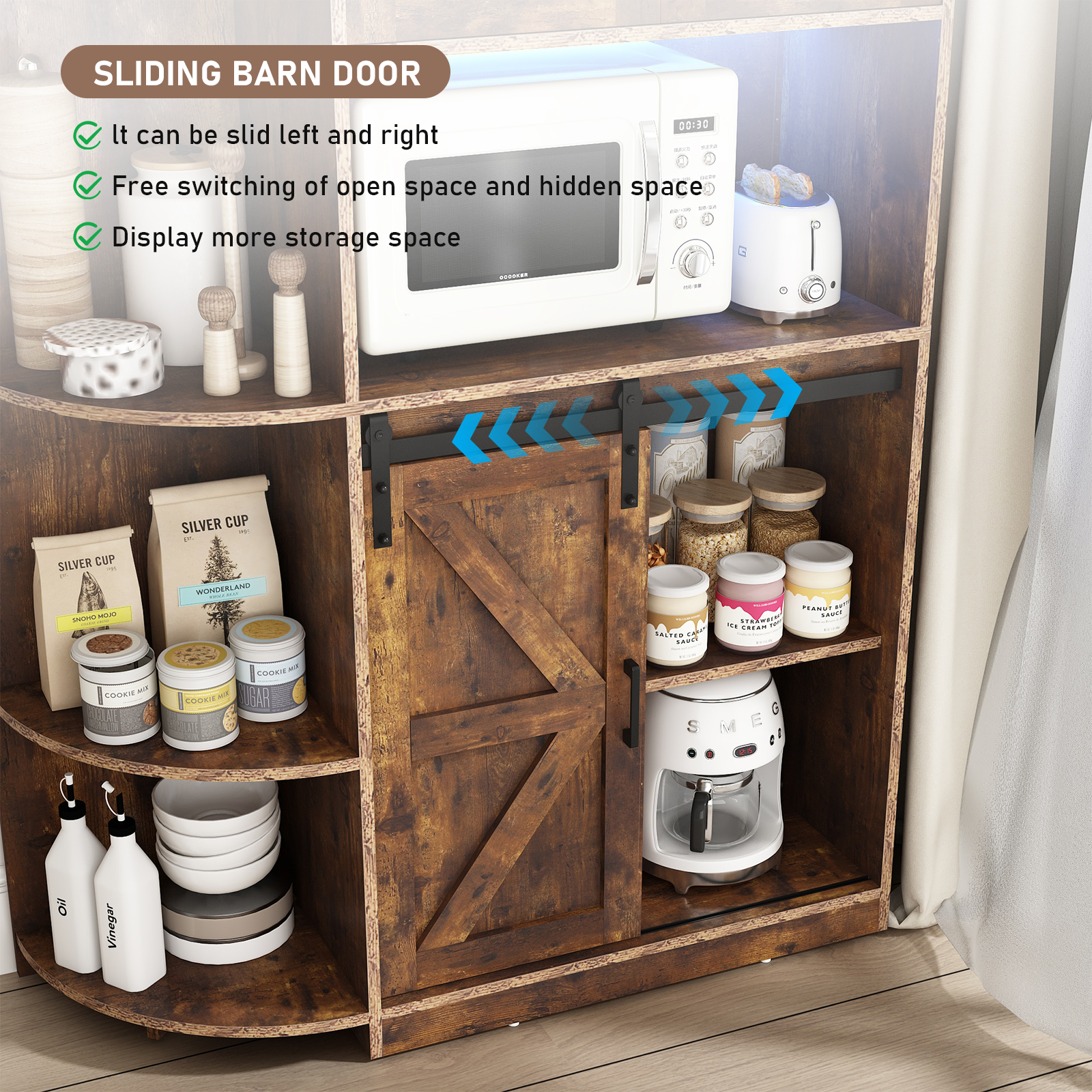 Blotout 70.9" Farmhouse Kitchen Pantry Storage Cabinet, Freestanding Hutch with Doors & Shelves, Buffet Cabinet with Microwave Stand, Power Outlet & Tall Pantry Cabinet Cupboard