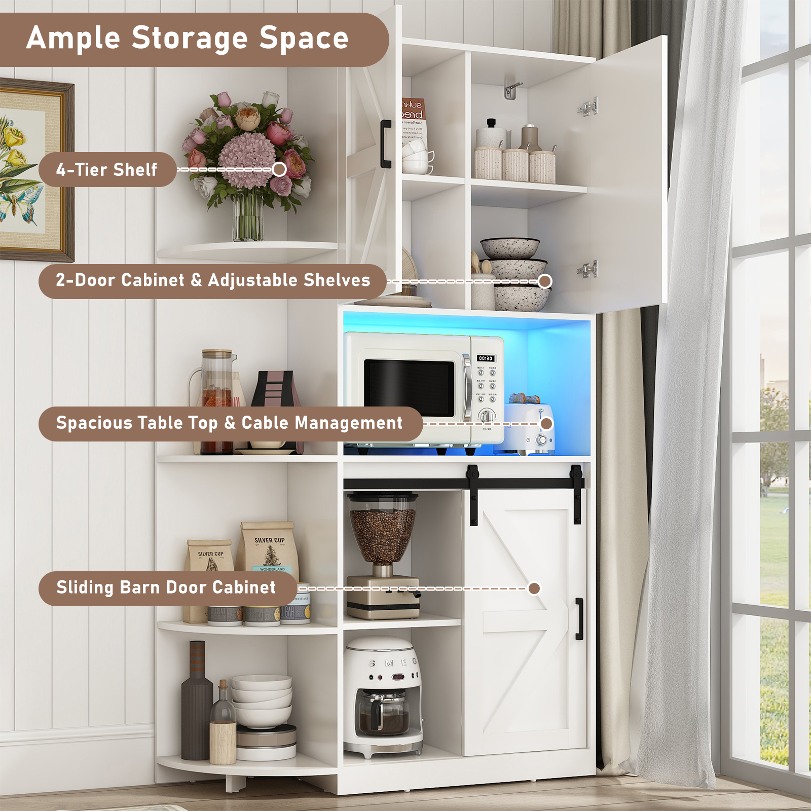 Blotout 70.9" Farmhouse Kitchen Pantry Storage Cabinet, Freestanding Hutch with Doors & Shelves, Buffet Cabinet with Microwave Stand, Power Outlet & Tall Pantry Cabinet Cupboard