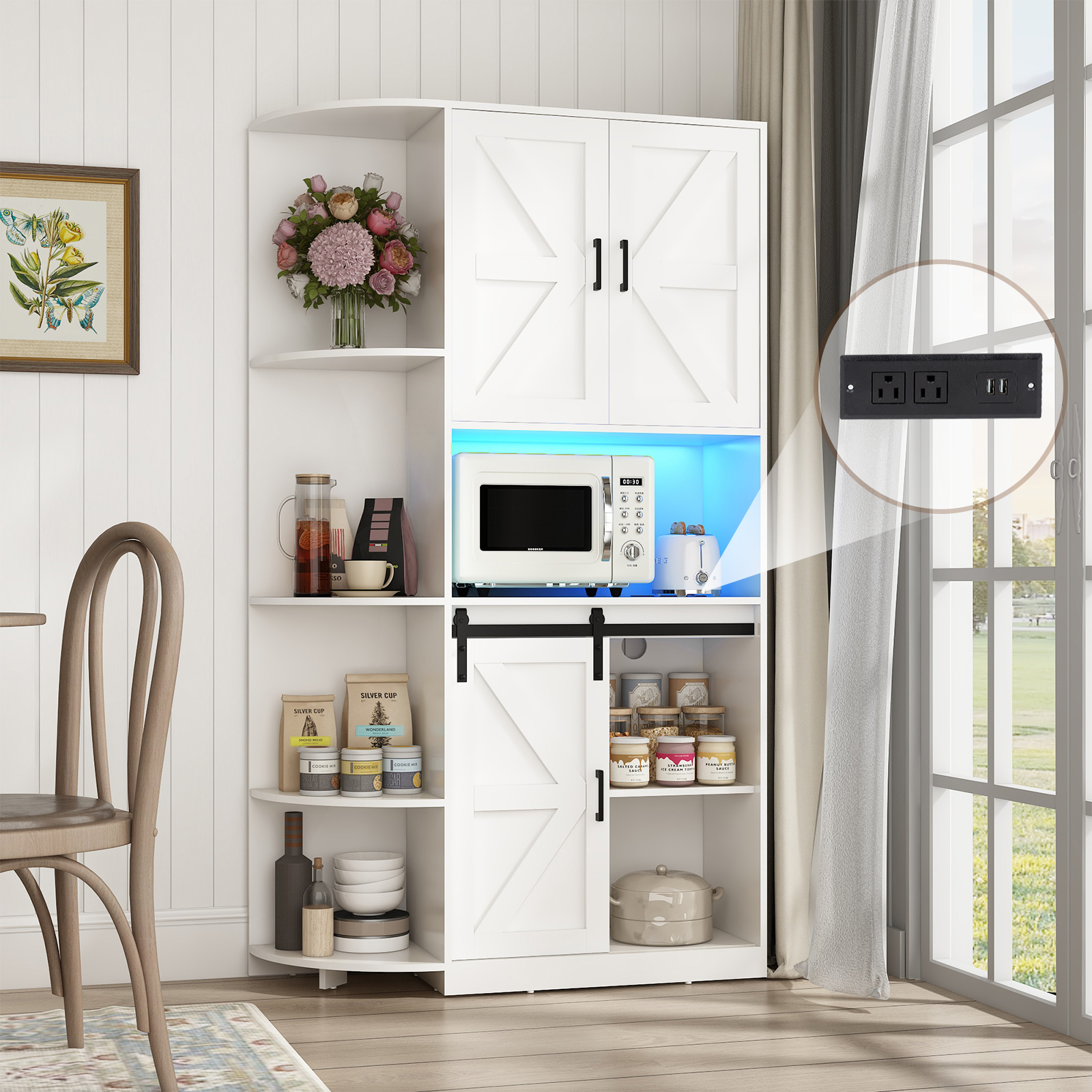 Blotout 70.9" Farmhouse Kitchen Pantry Storage Cabinet, Freestanding Hutch with Doors & Shelves, Buffet Cabinet with Microwave Stand, Power Outlet & Tall Pantry Cabinet Cupboard