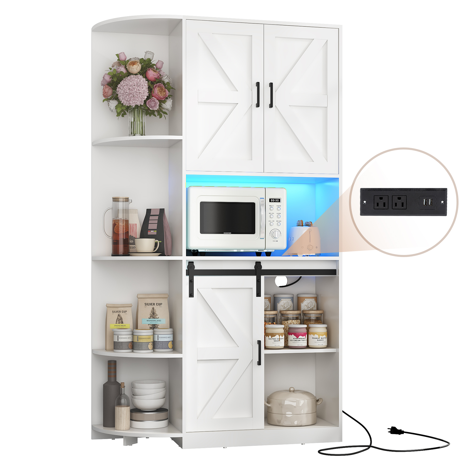 Blotout 70.9" Farmhouse Kitchen Pantry Storage Cabinet, Freestanding Hutch with Doors & Shelves, Buffet Cabinet with Microwave Stand, Power Outlet & Tall Pantry Cabinet Cupboard