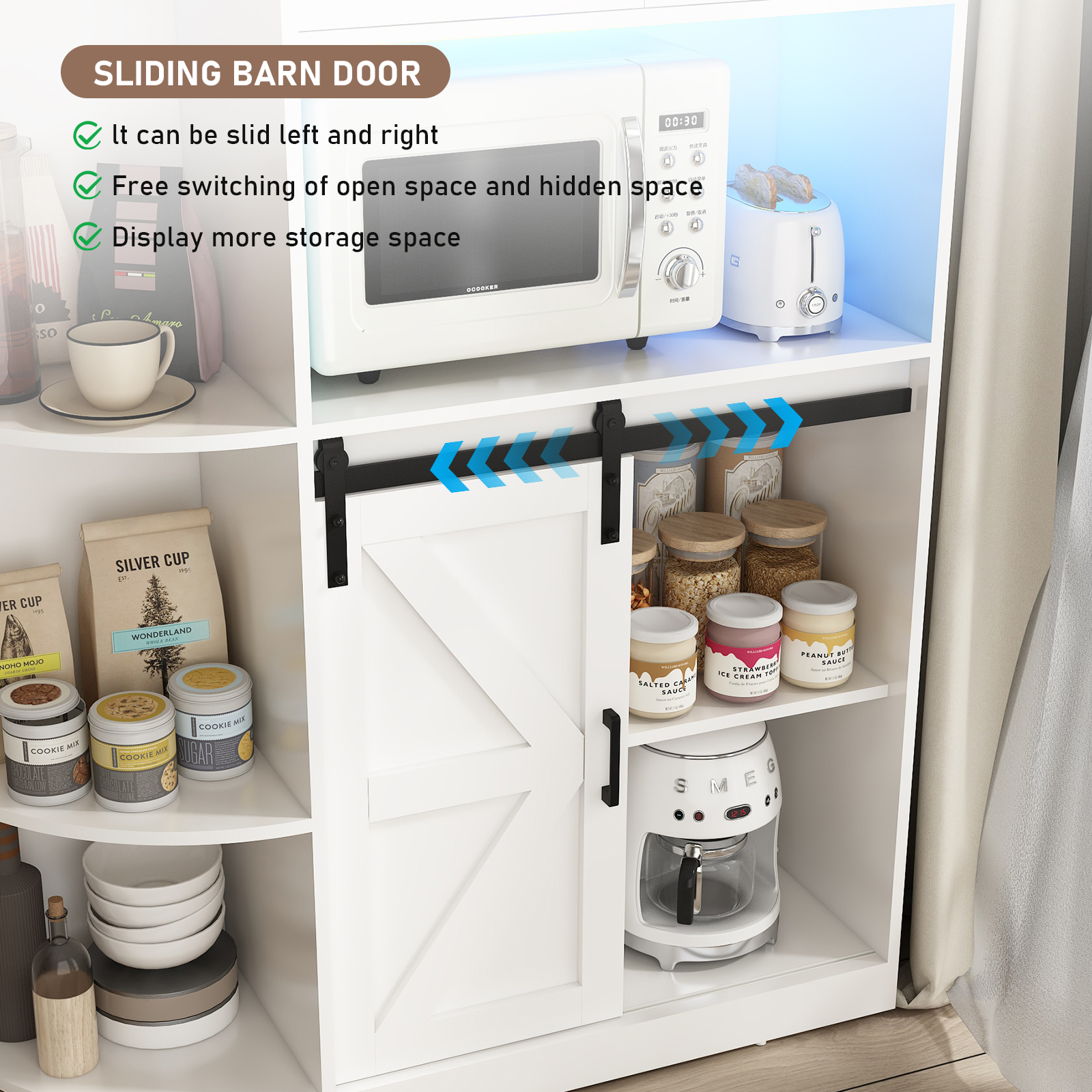 Blotout 70.9" Farmhouse Kitchen Pantry Storage Cabinet, Freestanding Hutch with Doors & Shelves, Buffet Cabinet with Microwave Stand, Power Outlet & Tall Pantry Cabinet Cupboard