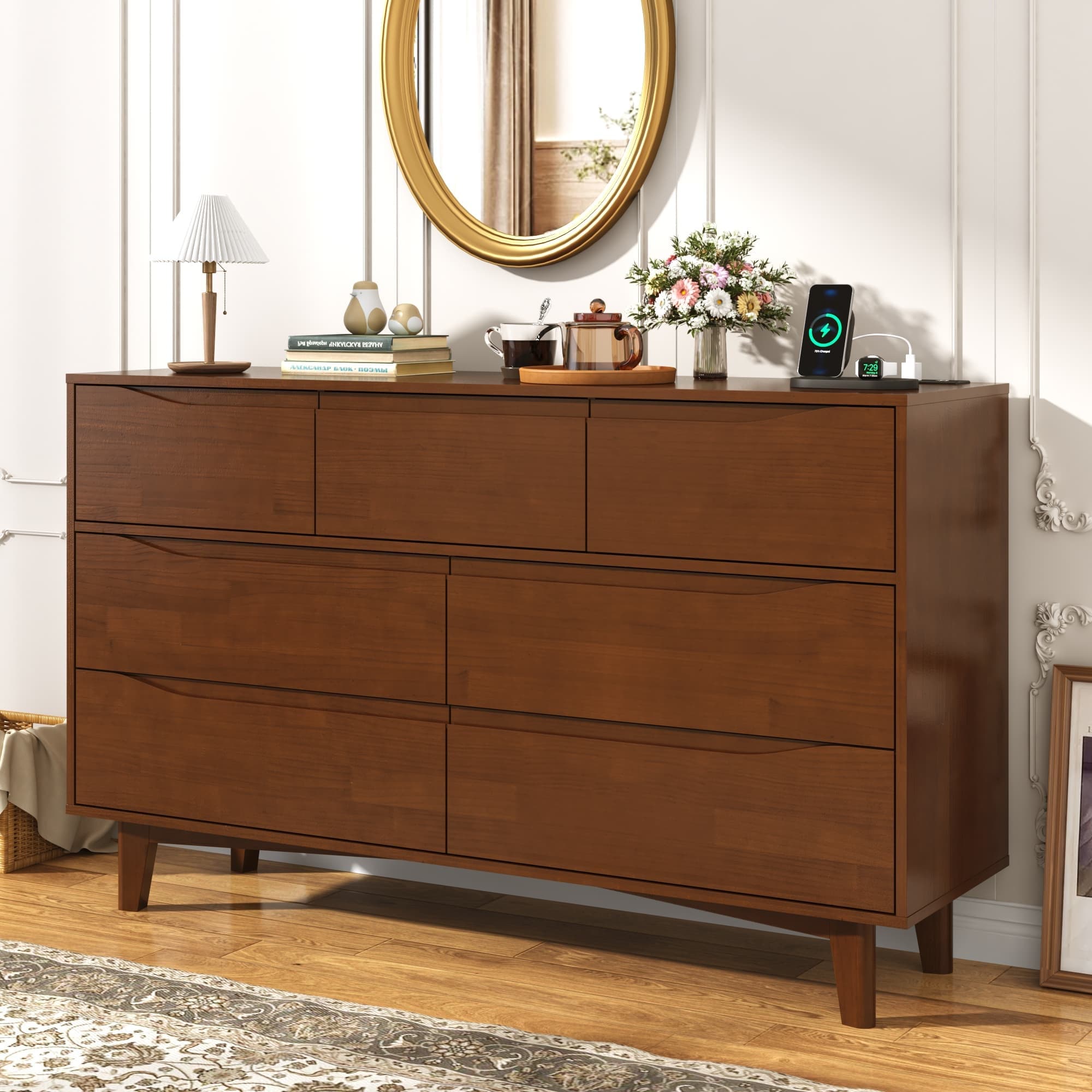 Pine Wood 6 Drawer Dresser with LED Light Power Outlet, 55" Large Rustic Chest Dresser of Drawers Storage Organizer for Bedroom Closet Hallway