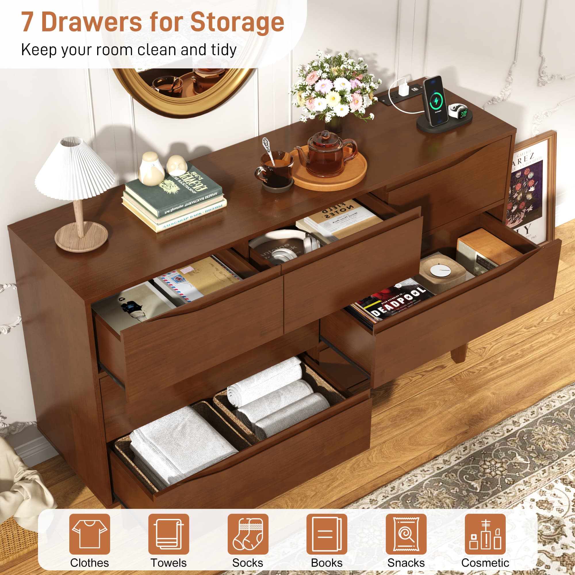 Pine Wood 6 Drawer Dresser with LED Light Power Outlet, 55" Large Rustic Chest Dresser of Drawers Storage Organizer for Bedroom Closet Hallway